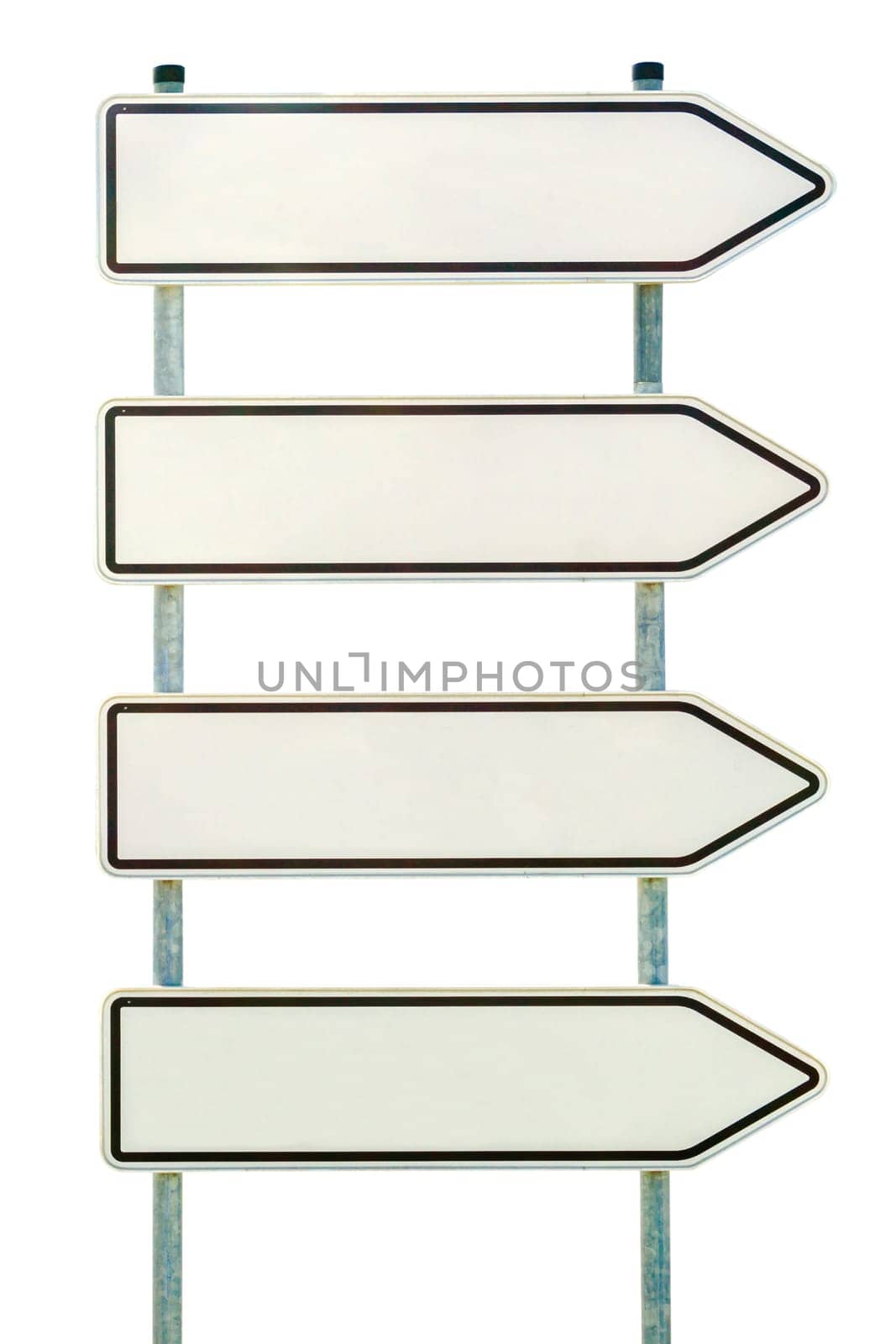 Four white signs with arrow to the right cropped on a white background