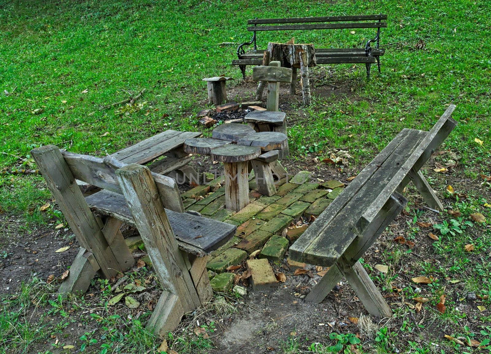 Wooden table and benches for relaxing in park