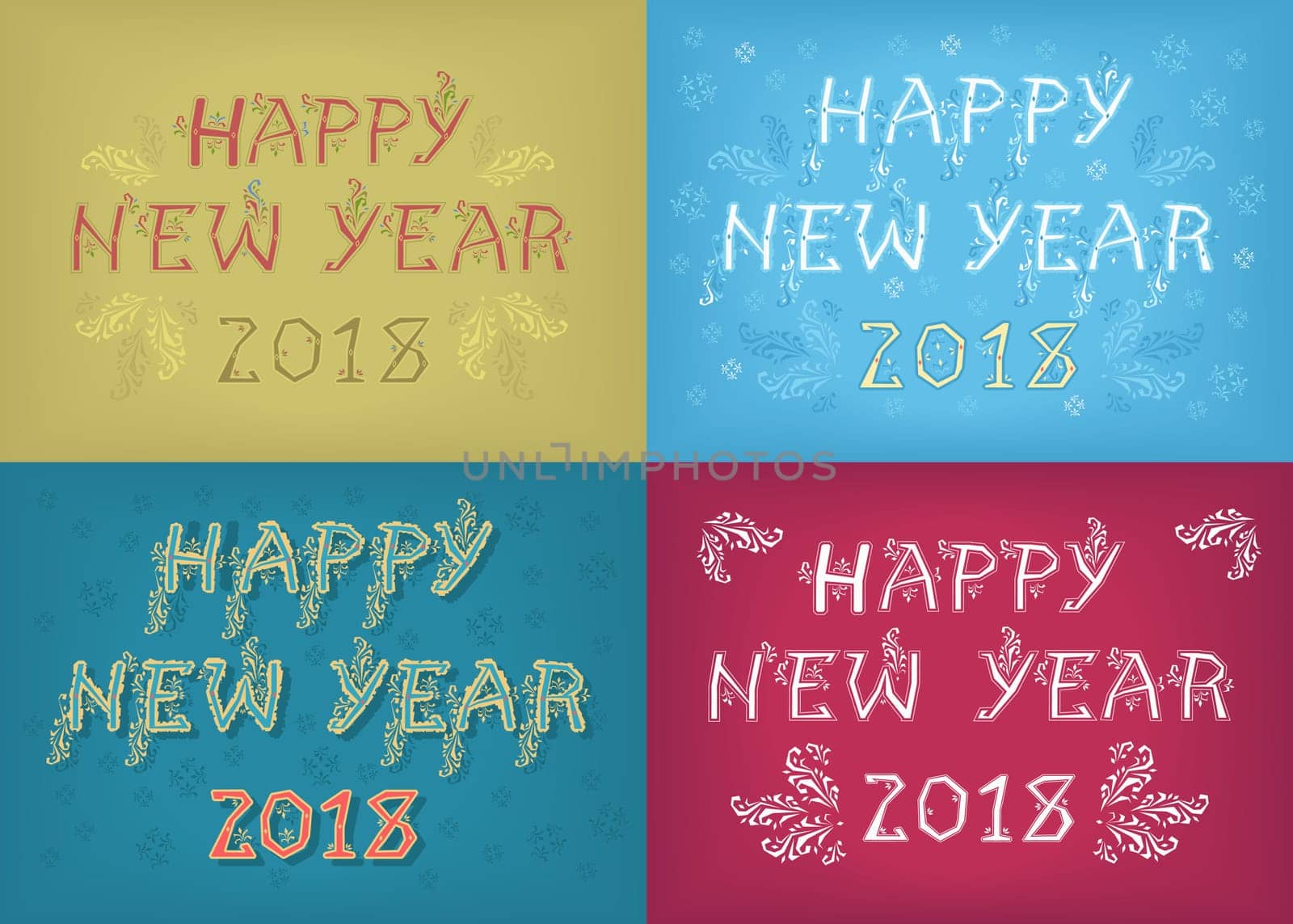 Happy New Year 2018. Four retro cards with inscriptions by artistic country font. Illustration