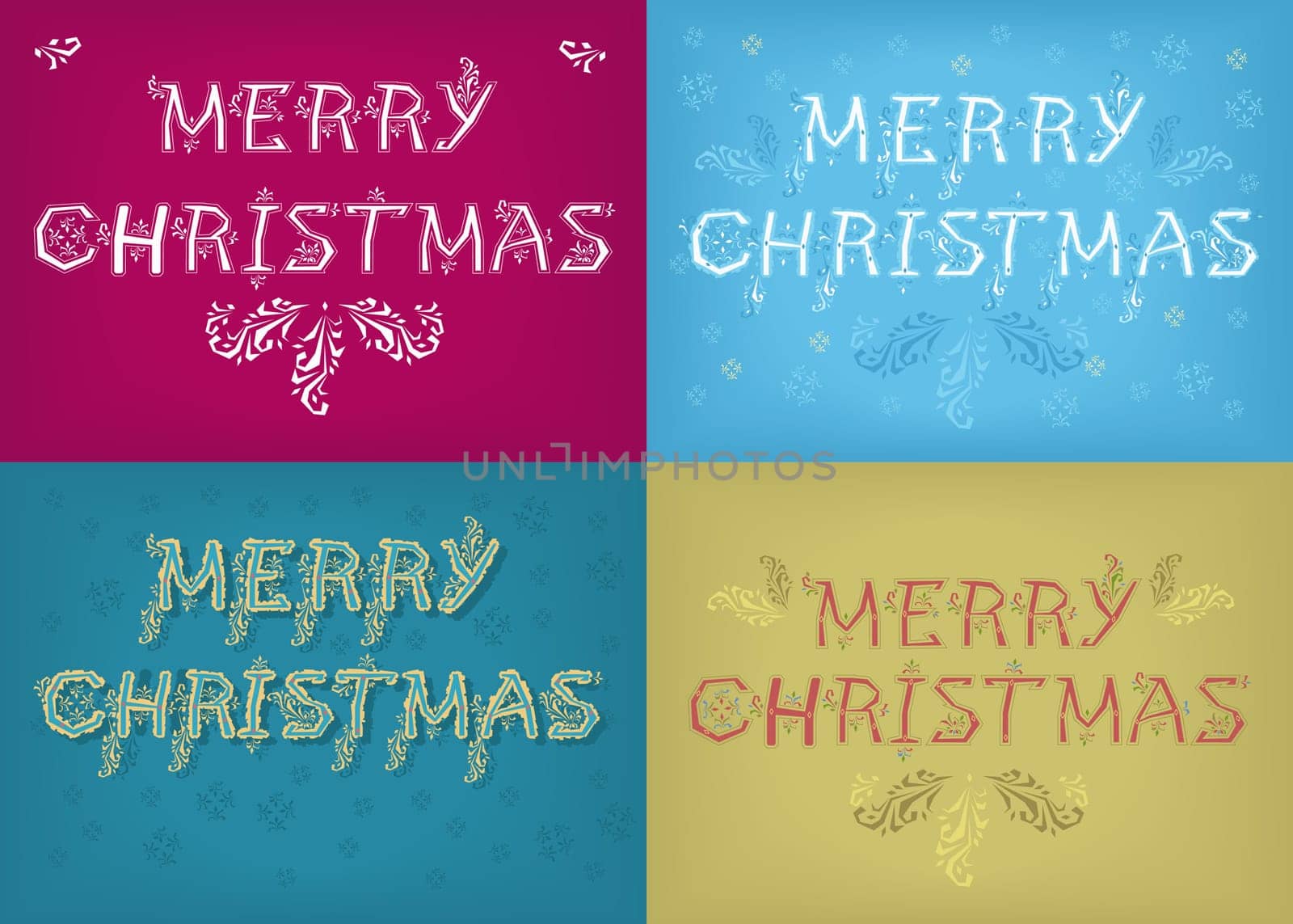 Merry Christmas. Four retro cards with inscriptions by artistic font and country patterns. Illustration