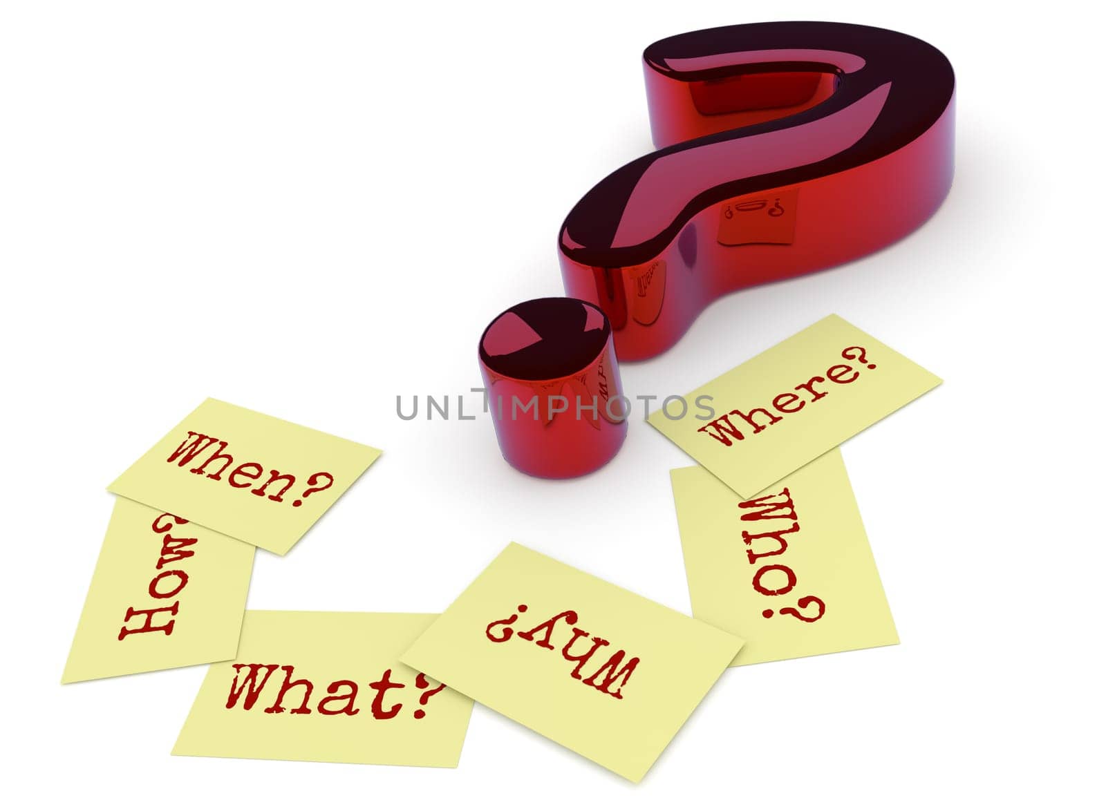 Glossy red question mark, six sticky notes on the ground with the words Why, When, How, Where, What and Who on a white background, 3d rendering