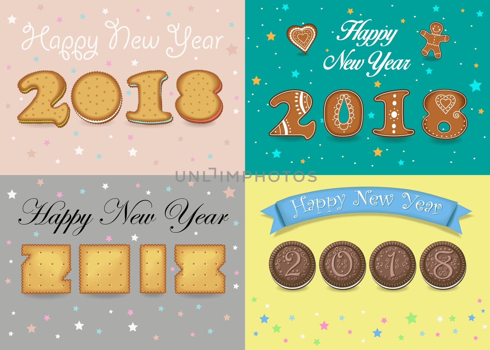 Happy New Year 2018. Four retro cards with inscriptions by artistic font. Sweet cookies, crackers and ginger breads. Illustration