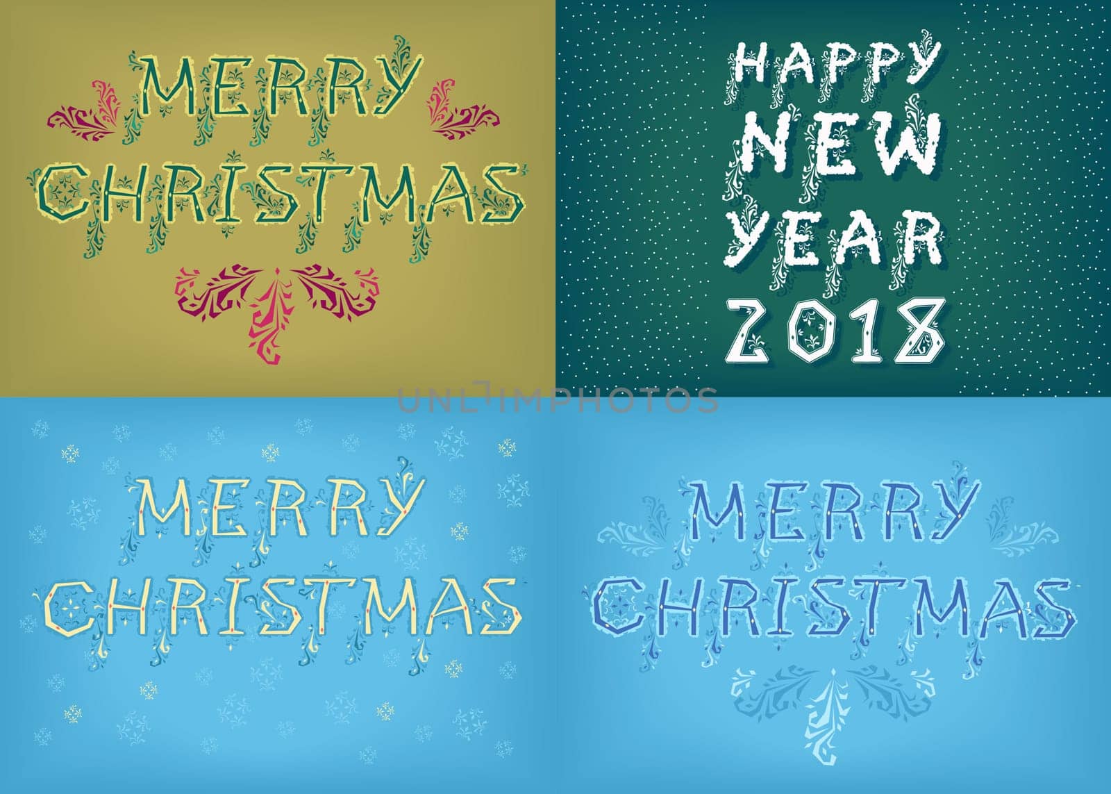 Happy New Year 2018 and Merry Christmas. Four retro cards with inscriptions by artistic country font. Illustration