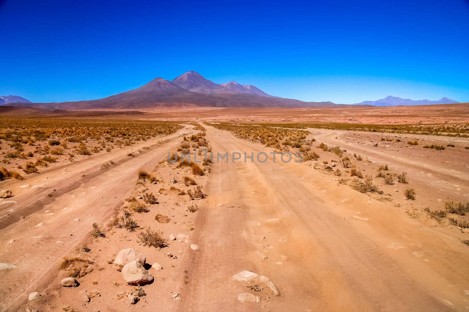 Sandy and gravel desert road through remote part of southern Altiplano, Bolivia