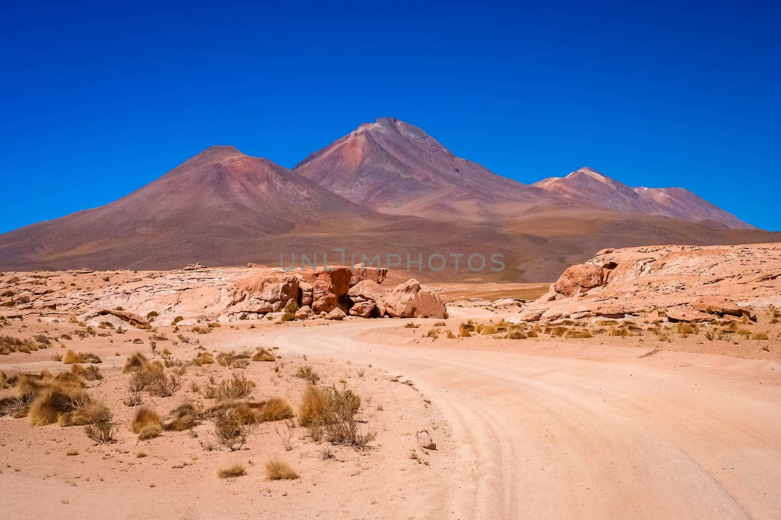Sandy and gravel desert road through remote part of southern Altiplano, Bolivia