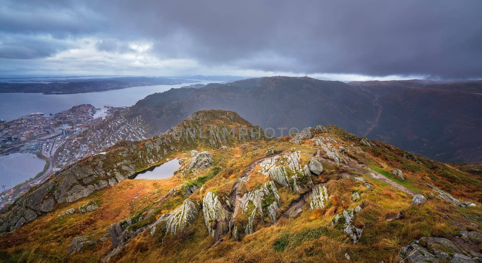 Dramatic panoramic landscape of mountains from Mount Ulriken above Bergen city, Norway