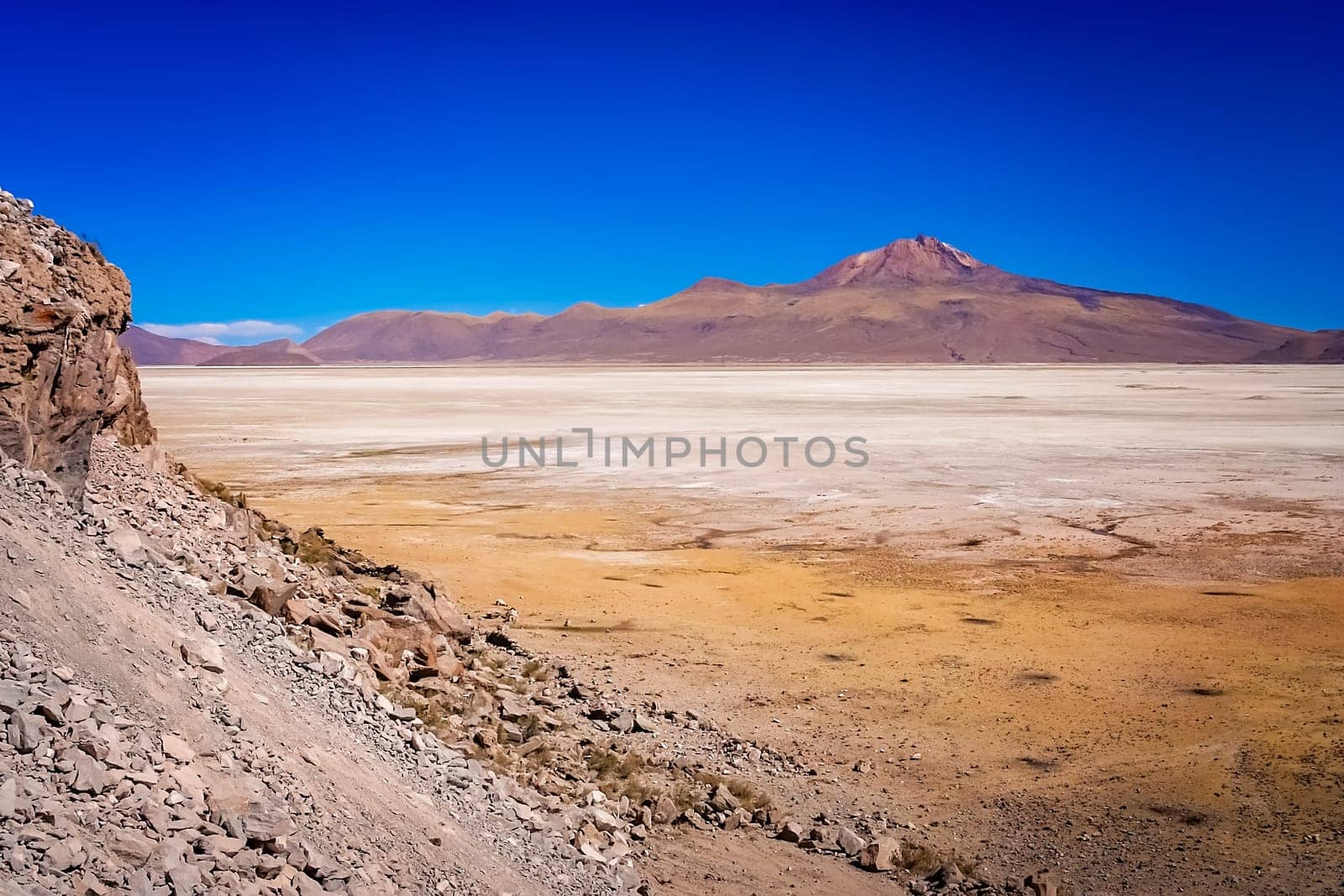 Dry land plain in the Altiplano mountains near Salar de Uyuni in summer, Andes, Bolivia