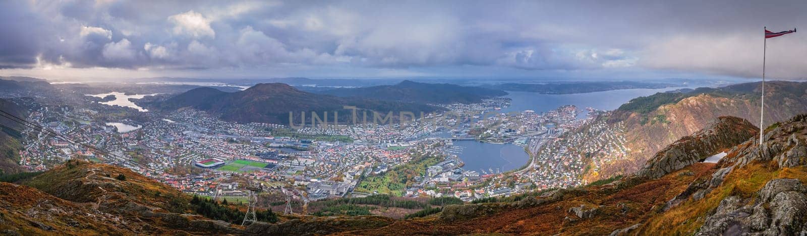 Panoramic view of Bergen town on a cloudy day as seen from the top of Mount Ulriken, Norway
