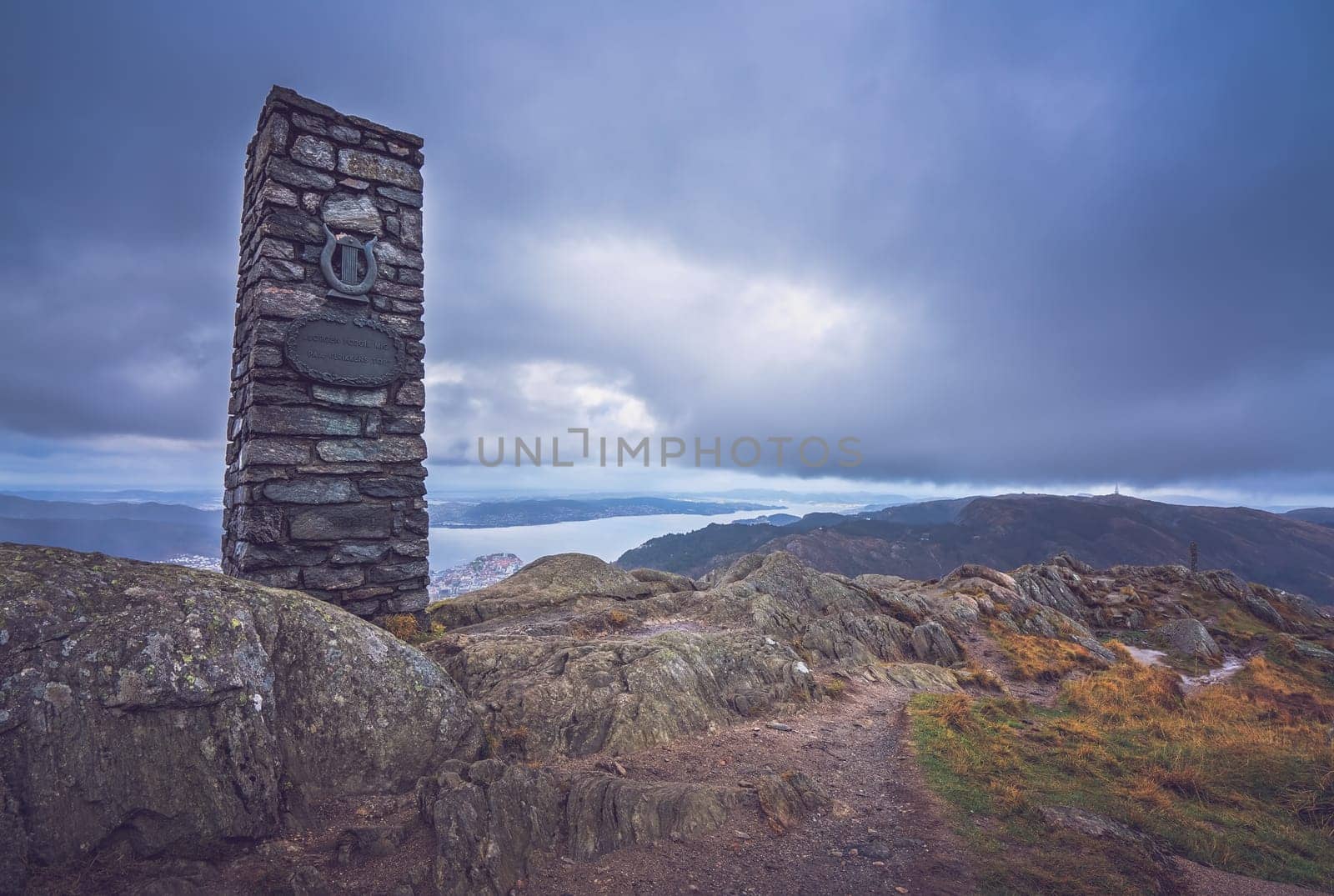 Stone memorial on the summit of Mount Ulriken, Bergen, Norway