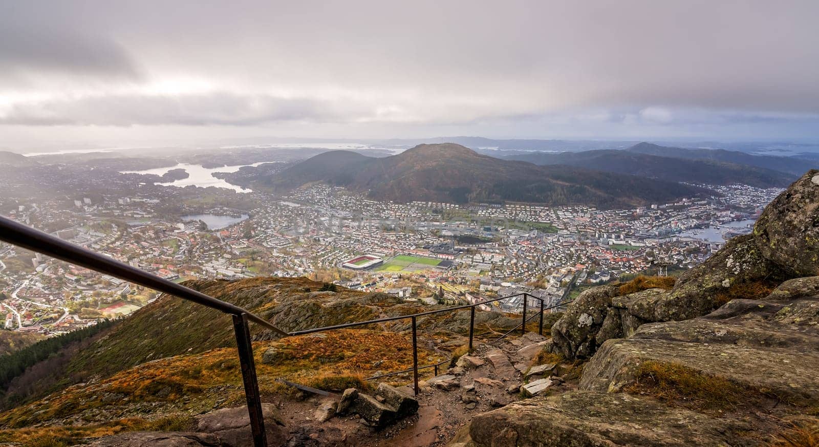 Metal barrier next to the mountain trekking path leading to the top of Mount Ulriken, Bergen, Norway