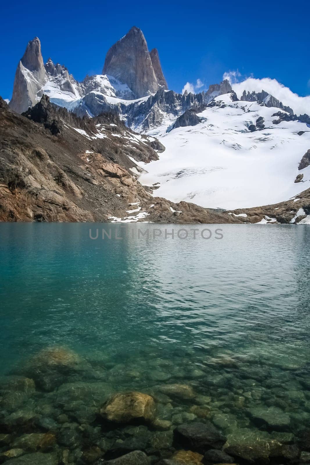 Lagoon at the foot of impressive Mount Fitz Roy near El Chalten town in Patagonia, Argentina
