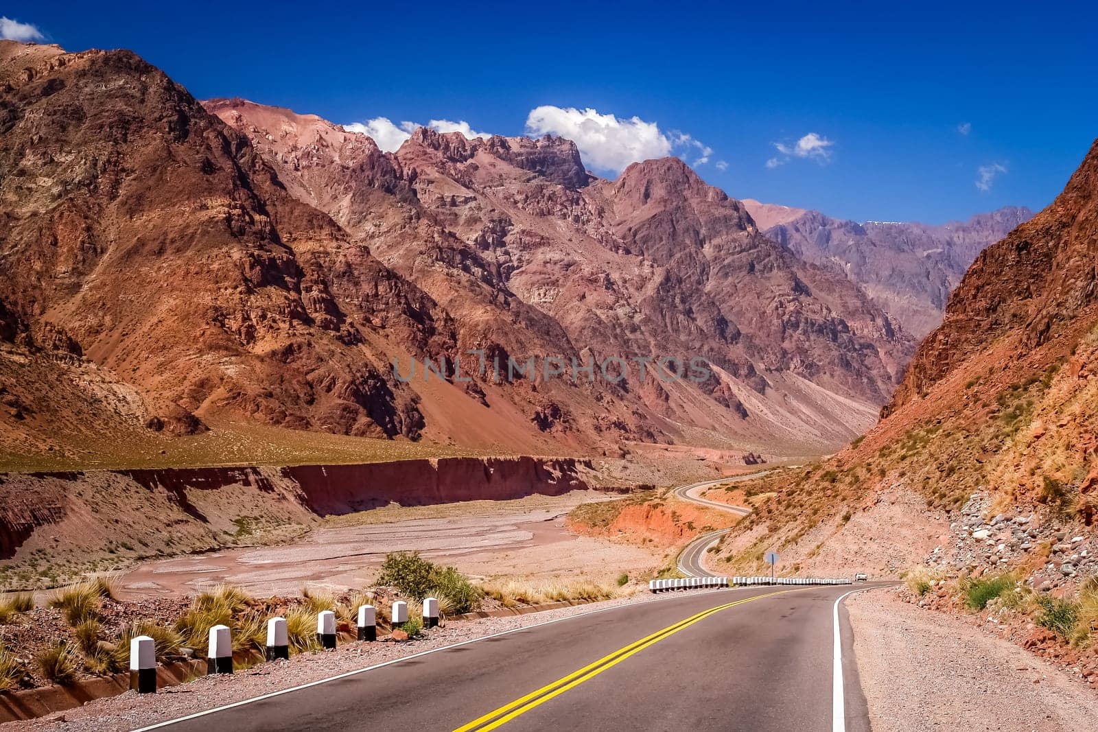 Winding road through stunning mountain scenery from Mendoza in Argentina to Chile over the Andes range