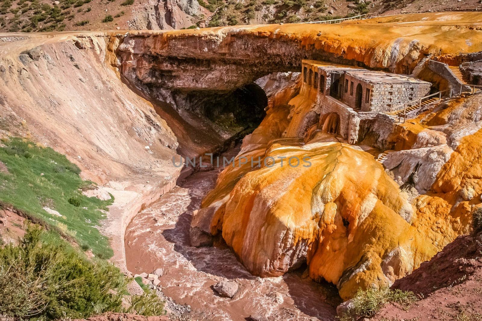 Natural stone bridge Puente del Inca above Rio Mendoza in Argentina