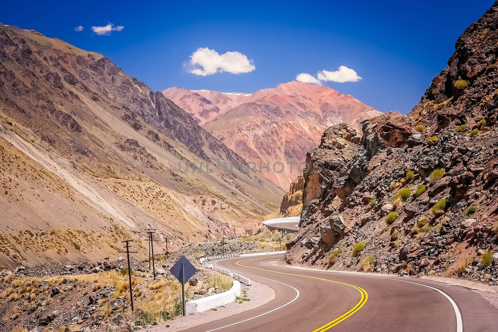 Winding road through stunning mountain scenery from Mendoza in Argentina to Chile over the Andes range