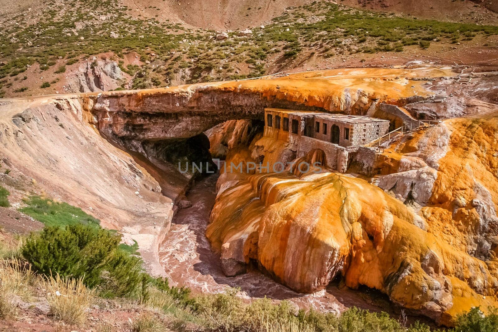 Natural stone bridge Puente del Inca above Rio Mendoza in Argentina