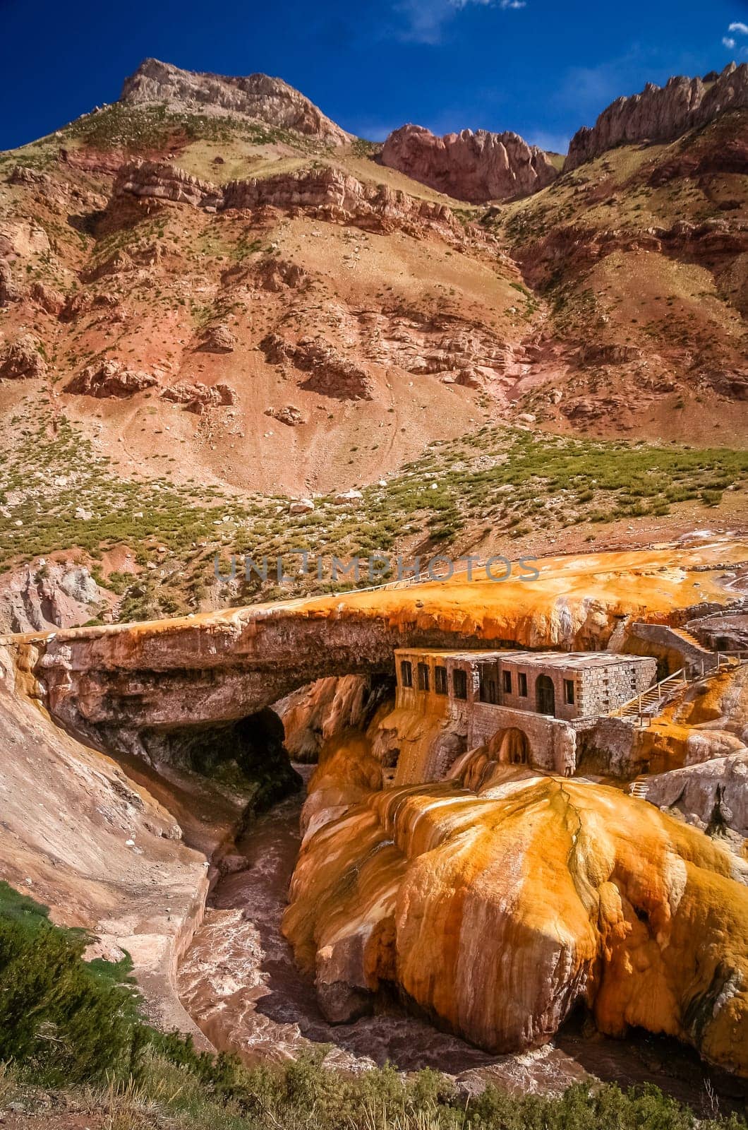 Natural stone bridge Puente del Inca above Rio Mendoza in Argentina
