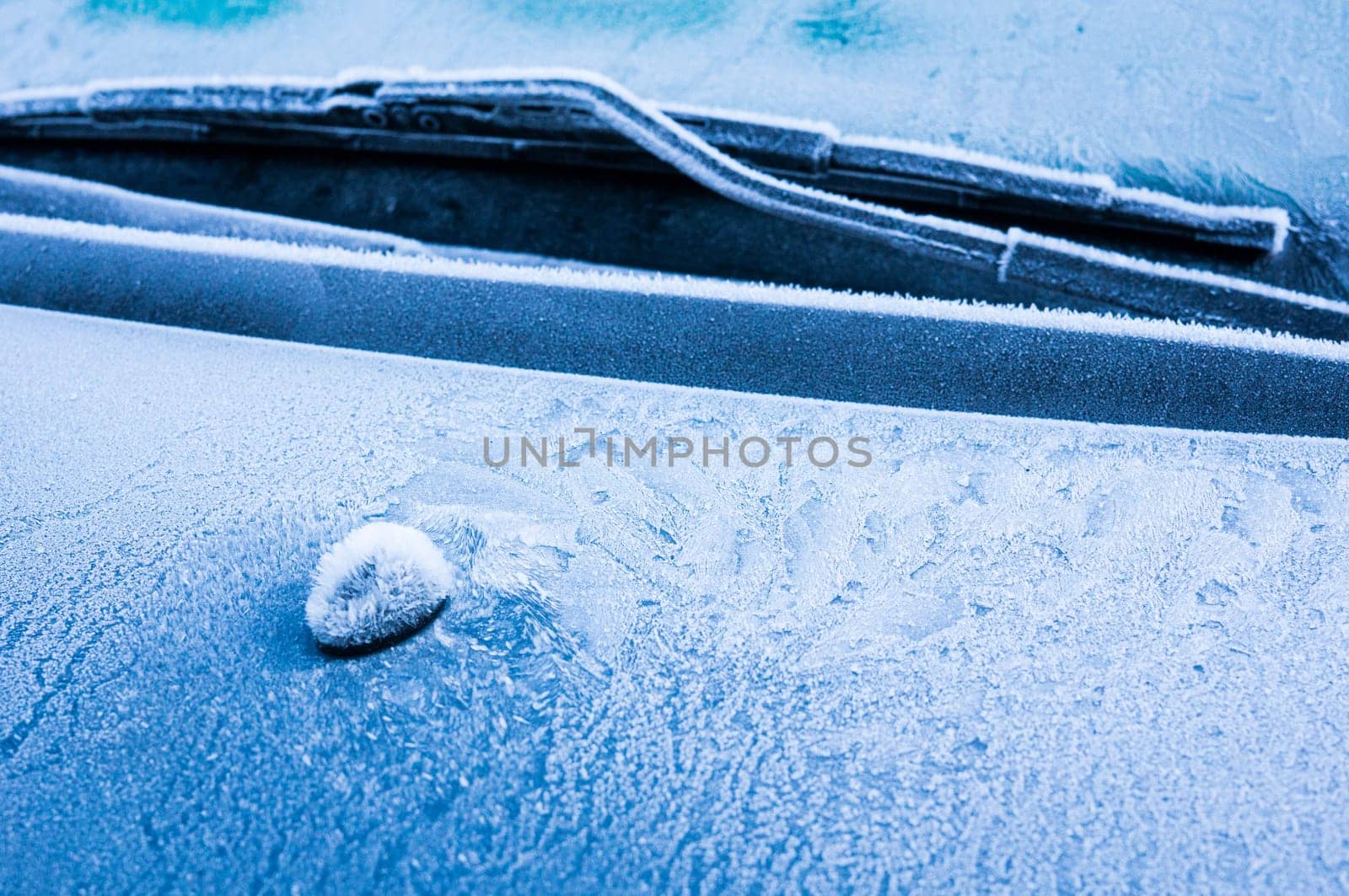 Iceflowers, frozen.The ice-cold frost forms ice crystals in beautiful unique patterns on the window, Hood and wiper on the Car