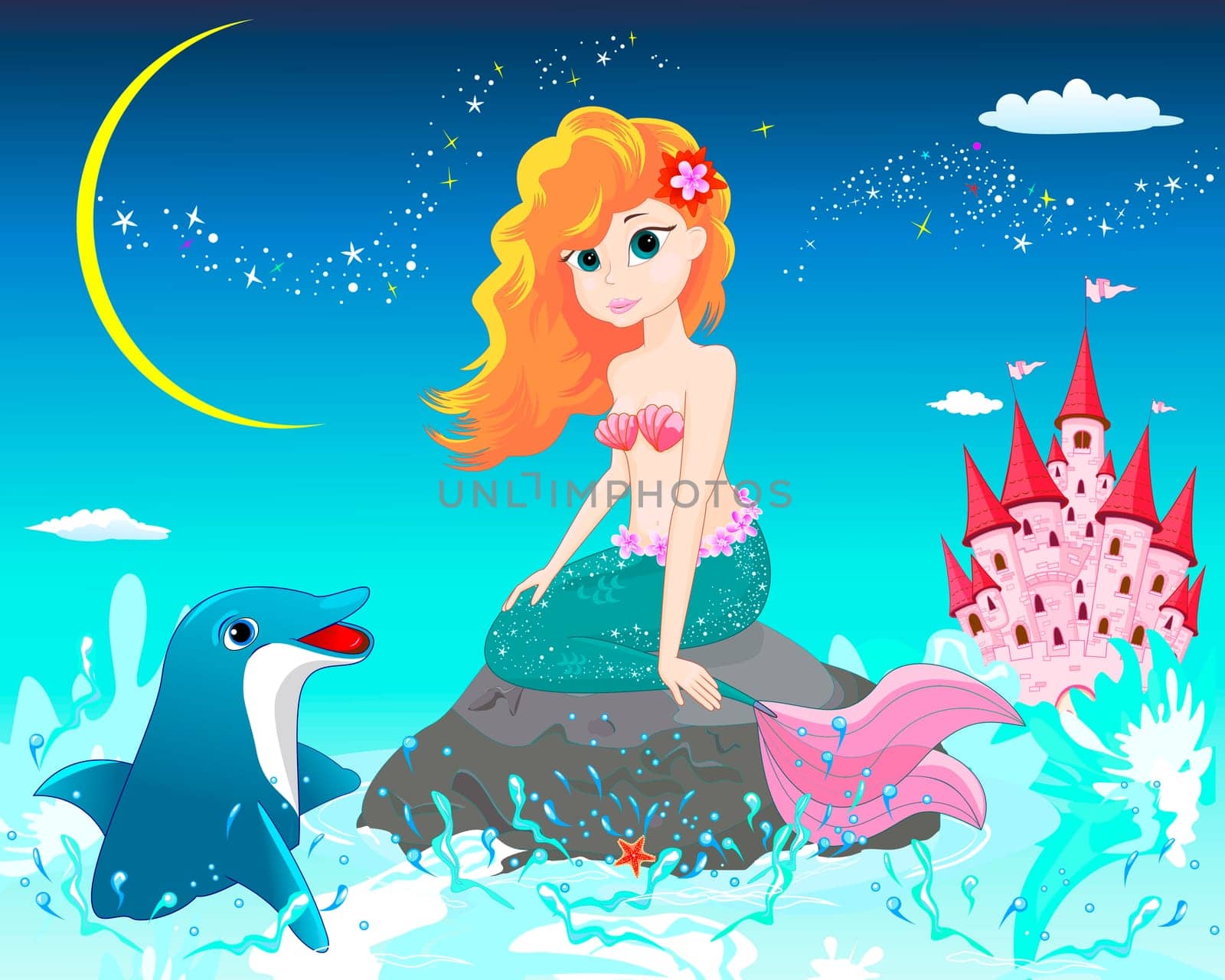 A beautiful mermaid sits on a sea stone. Mermaid and dolphin on a background of a night starry sky.