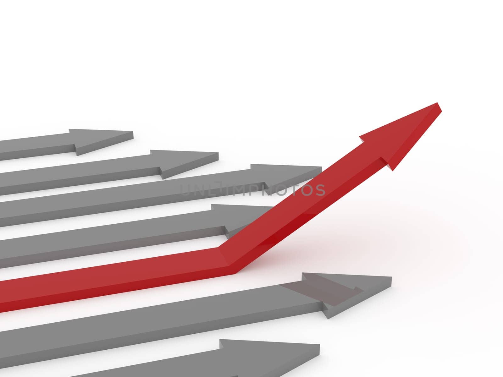 Red rising arrow on a white background, upswing concept, 3d rendering