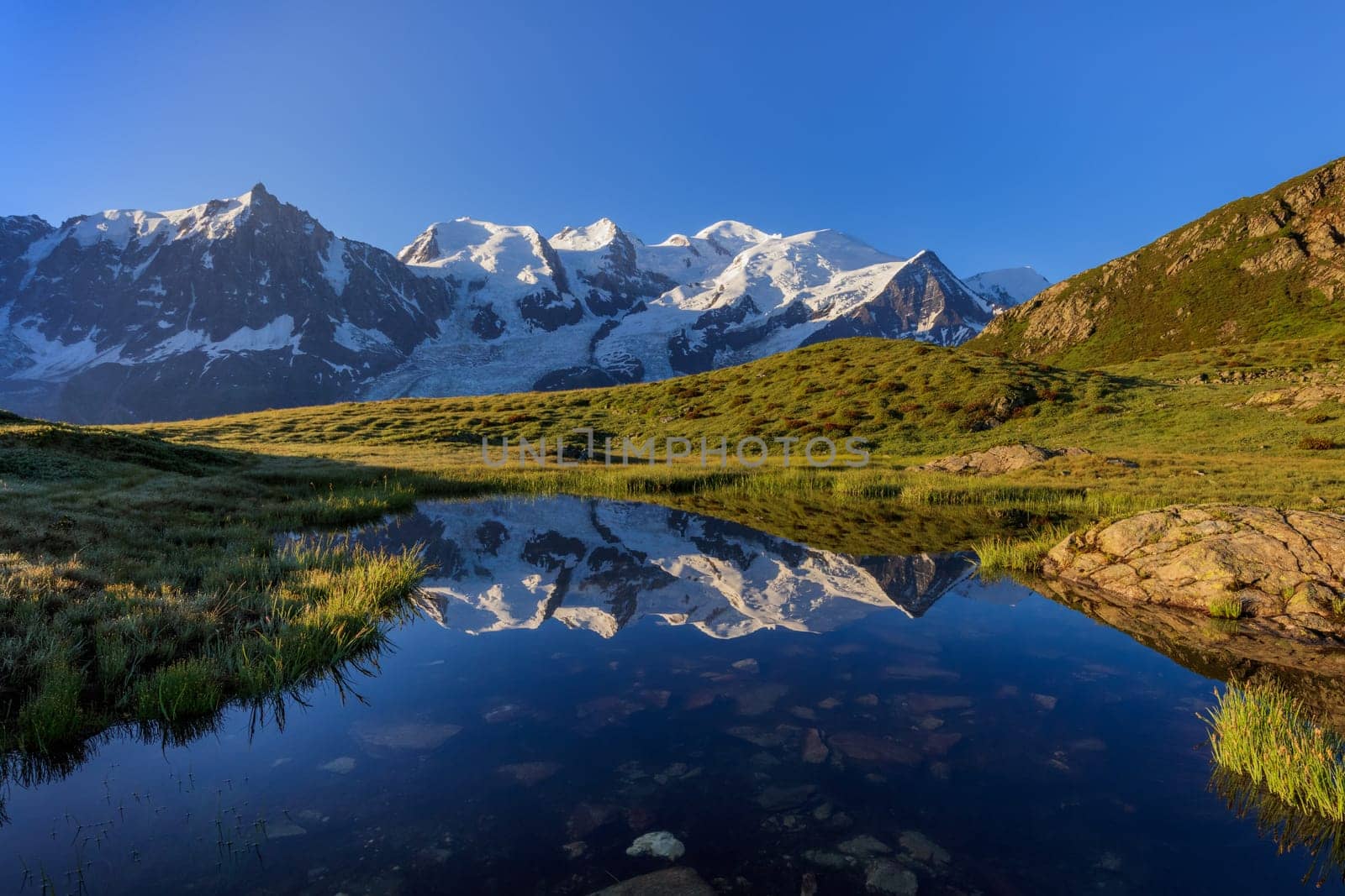 Mont Blanc massif reflected in lake. France