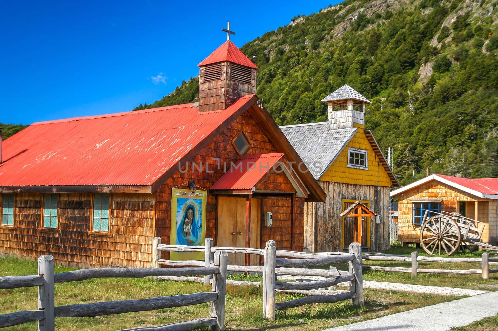 Old small wooden church in Villa O Higgins, small Chilean town at the end of Carretera Austral in Patagonia, Chile