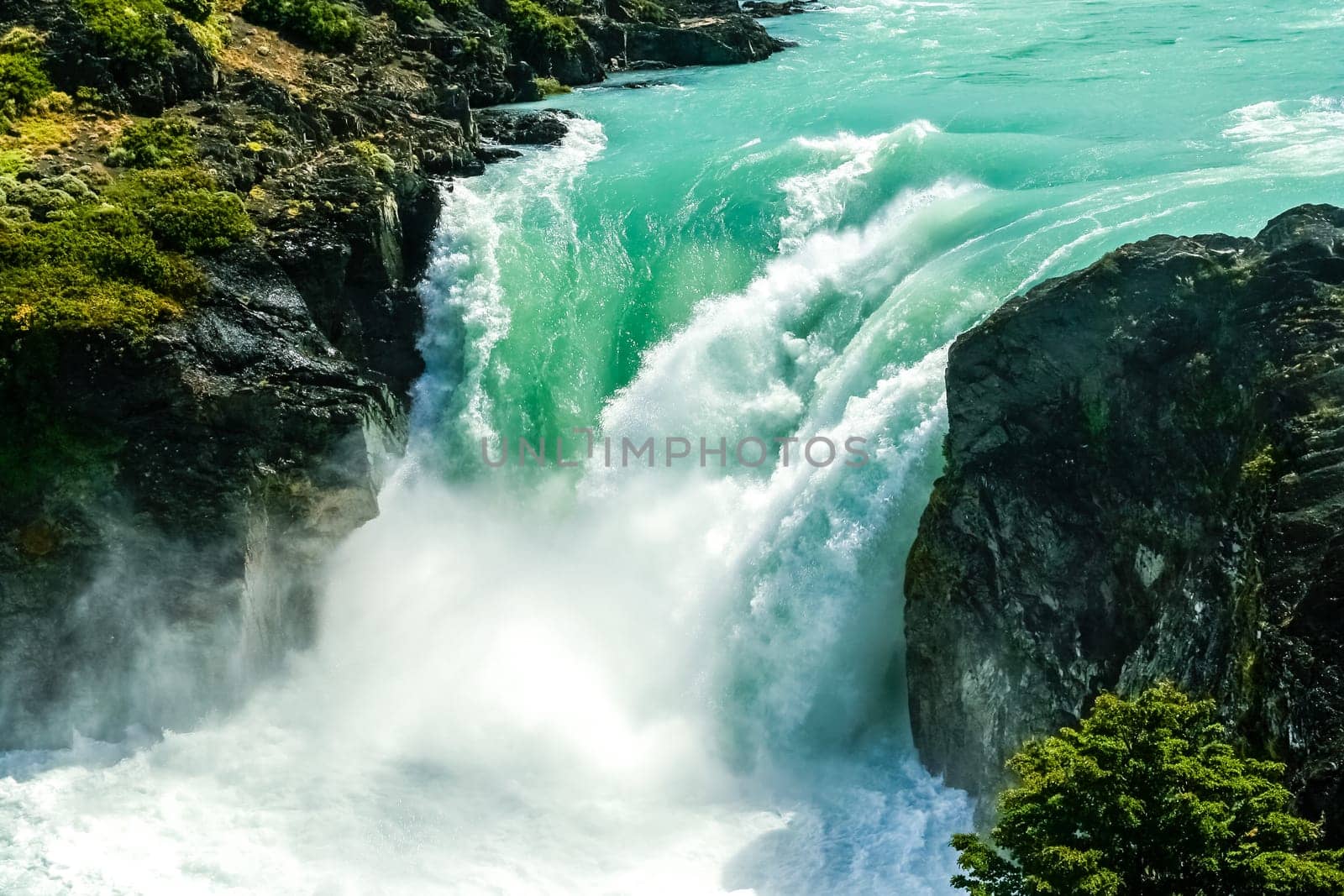Beautiful and powerful Salto Grande waterfall in Torres del Paine National Park in Chile
