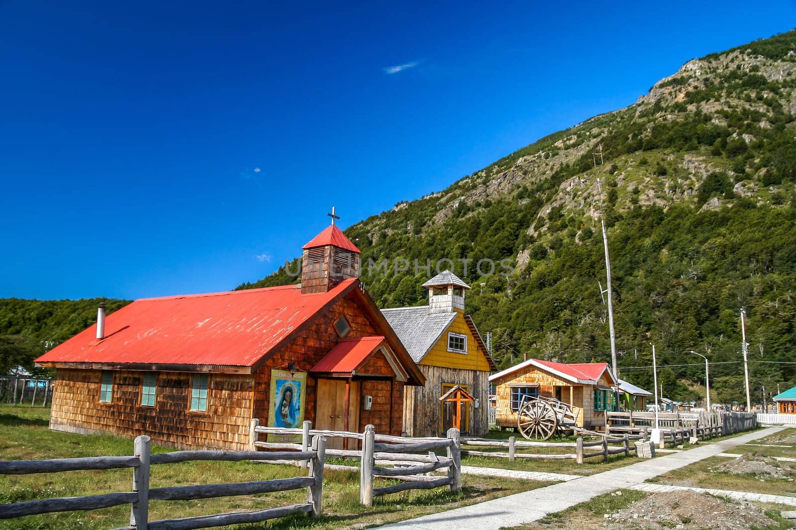 Old small wooden church in Villa O Higgins, small Chilean town at the end of Carretera Austral in Patagonia, Chile