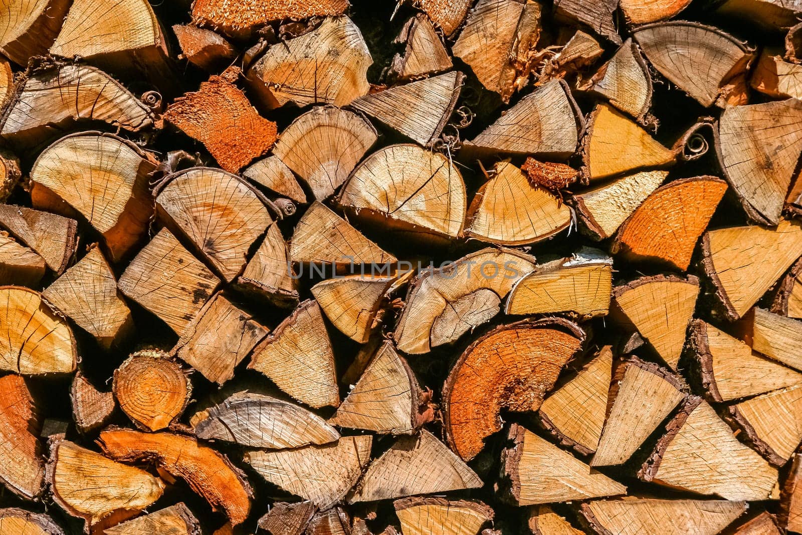 Firewood logs stacked in piles outside cottage
