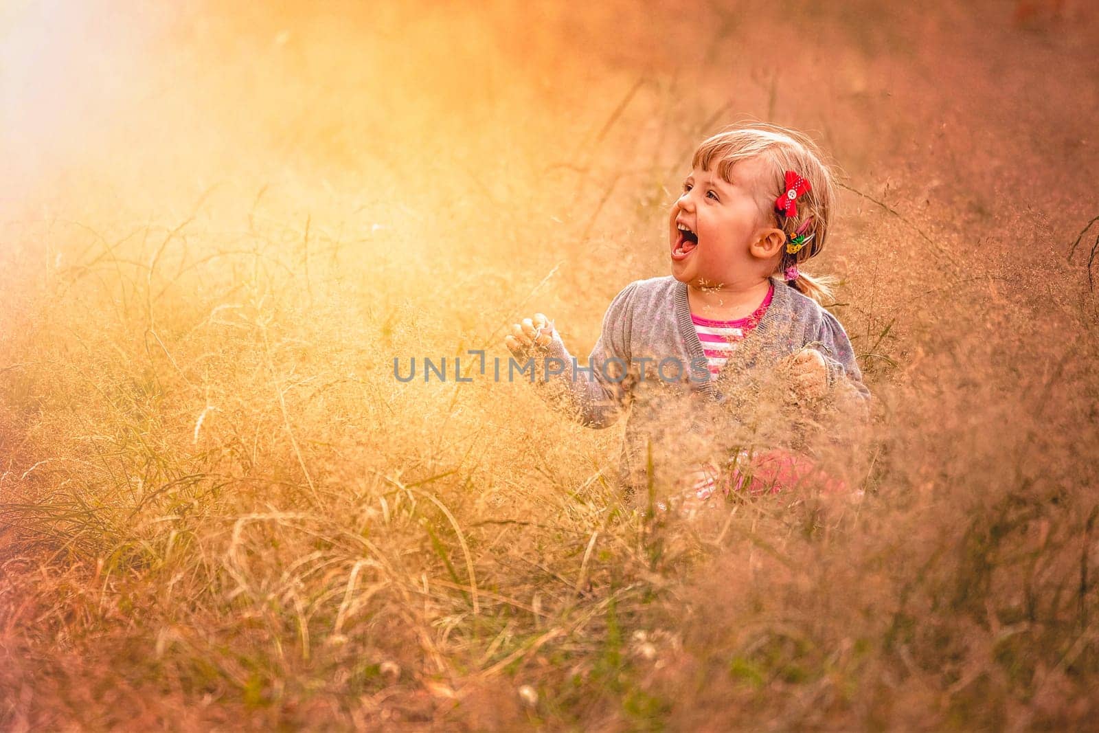 Cute little girl in the high grass in summer