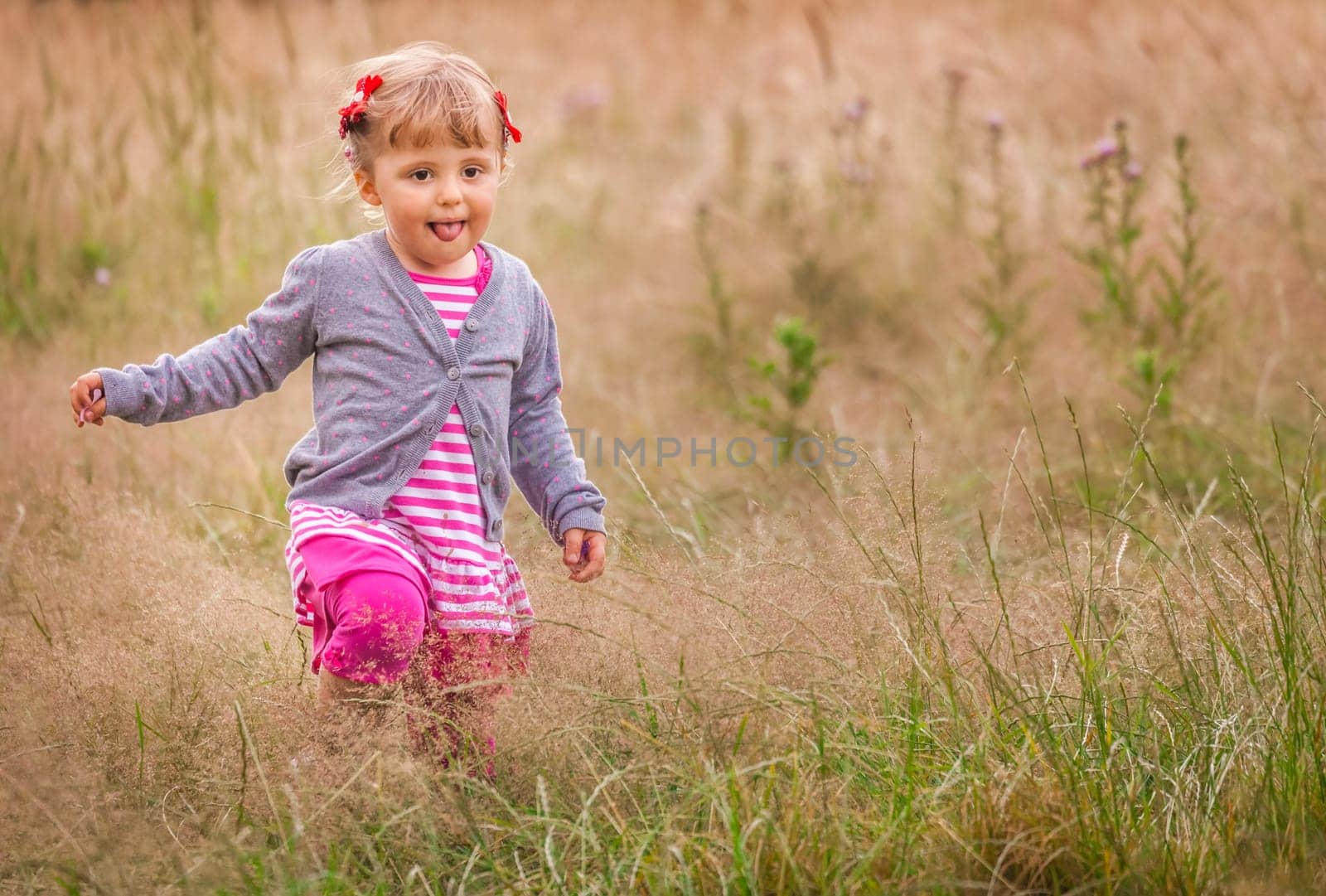 Baby girl walking among the high grass on a meadow in autumn