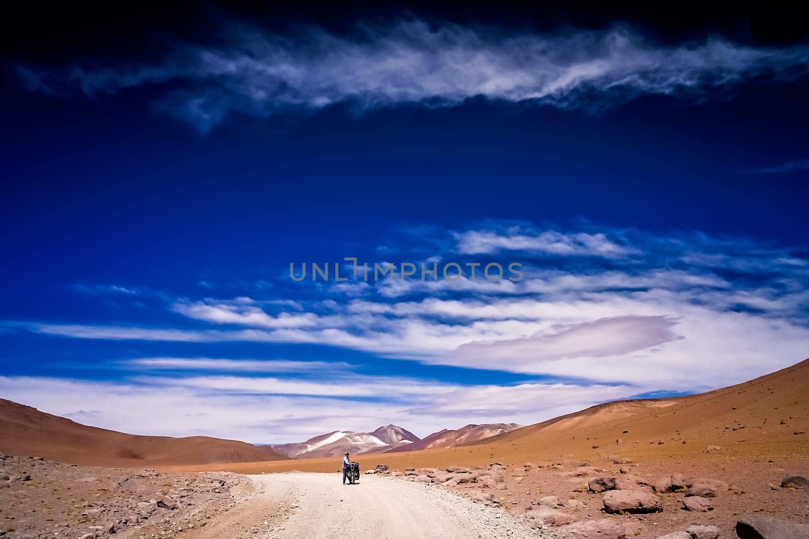 Lonely cyclist travelling through remote part of southern Altiplano, Bolivia