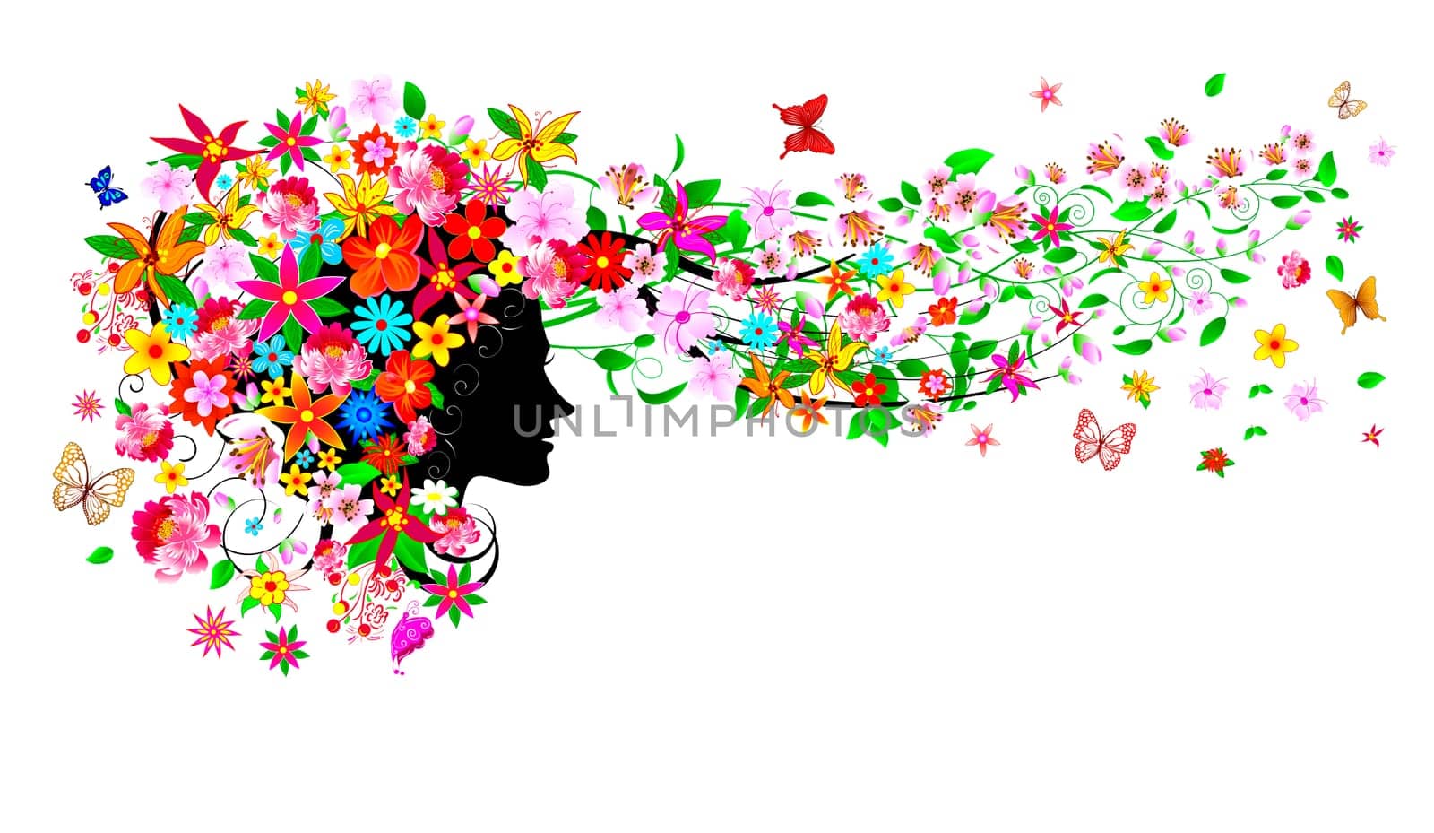 Silhouette of a woman's face among flowers and butterflies. Girl with flowers and butterflies.A girl with flowers and butterflies on her head and in her hair.