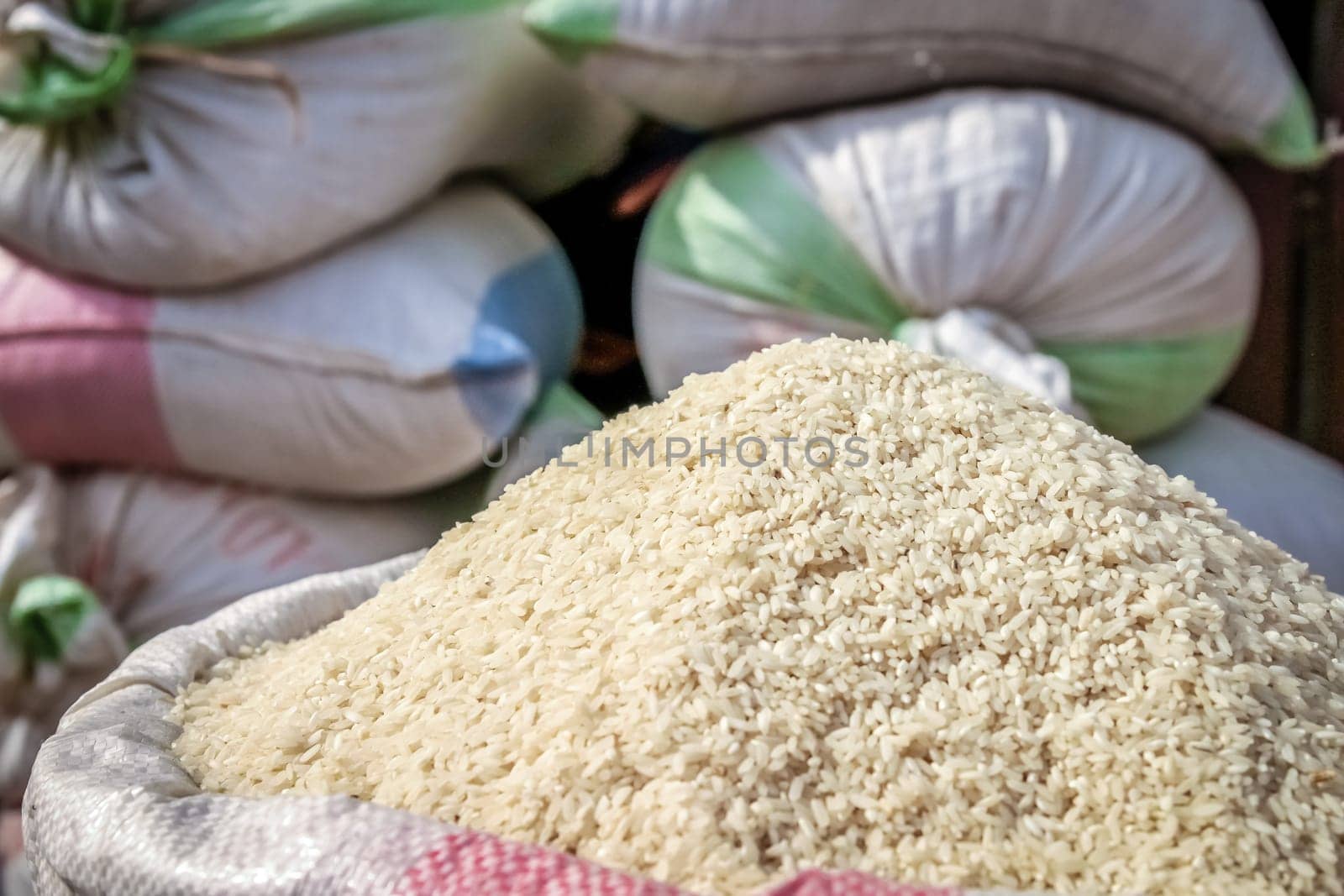 Bags of rice for sale in a Madagascar market