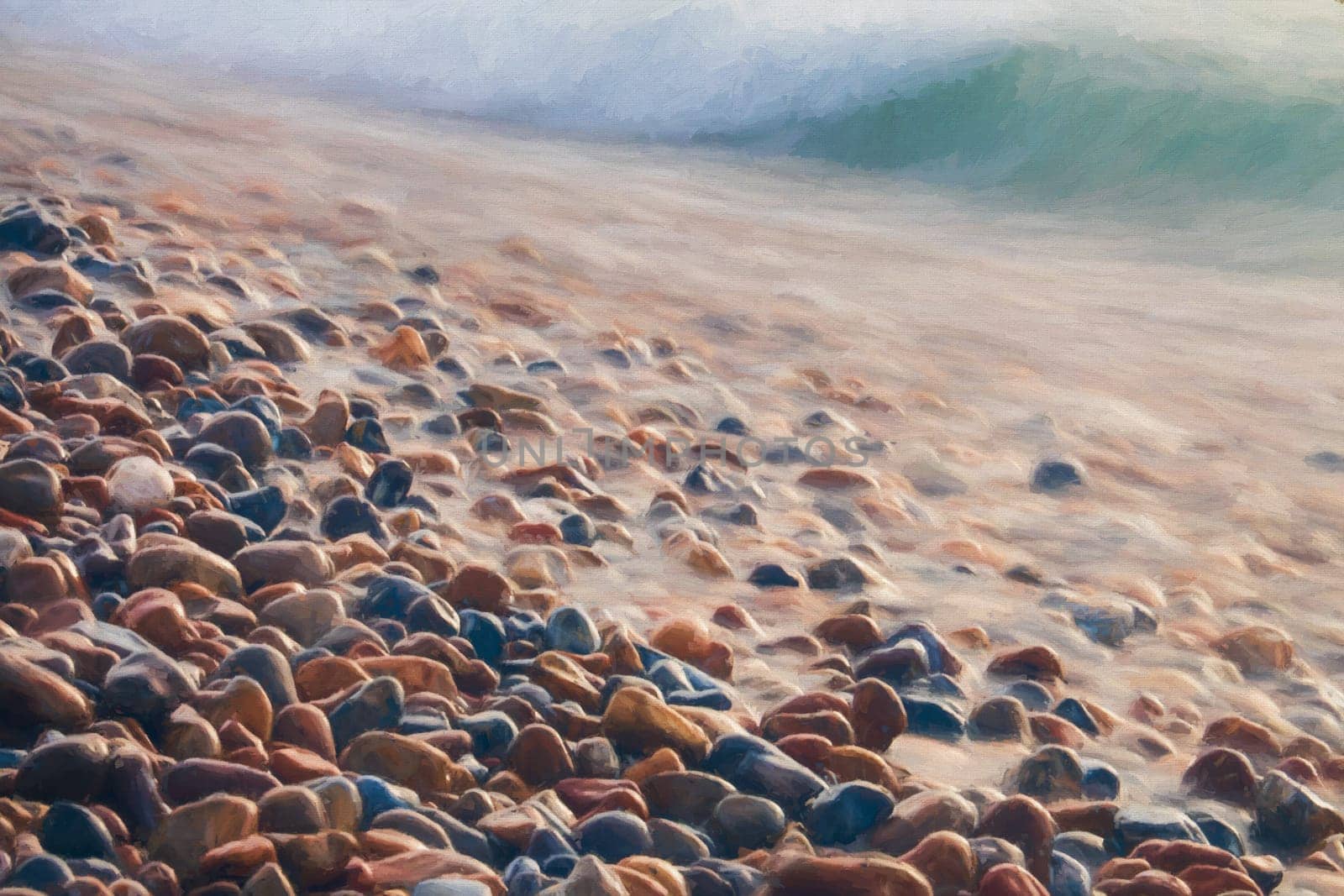 Colorful stones and peebles on a beach on a cold day in autumn
