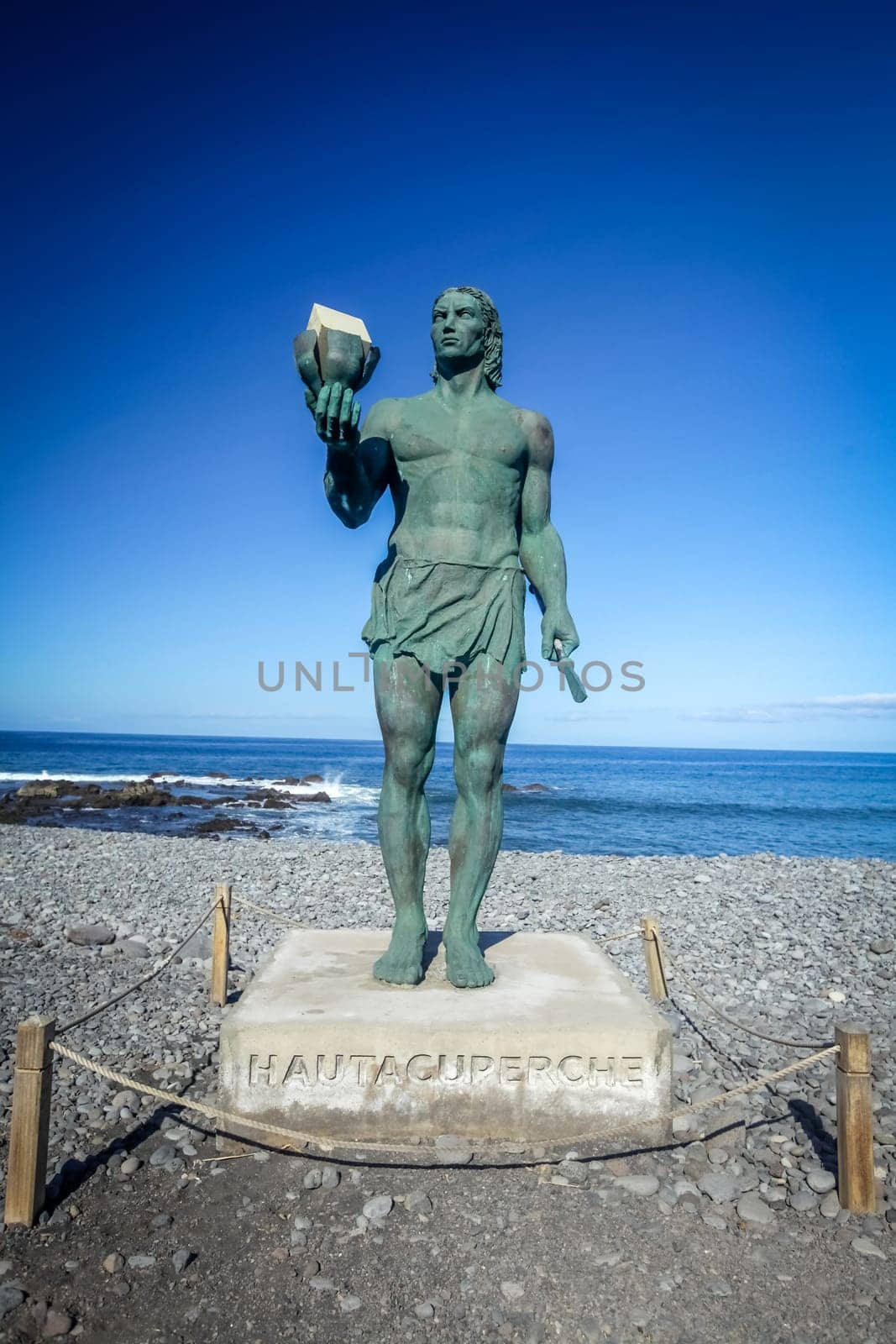Statue of Hautacuperche, Guanche King, in La Puntilla, Valle Gran Rey, La Gomera Island, Canary Islands, Spain. Hautacuperche was a guanche warrior who led an uprising against the Spanish in 1488