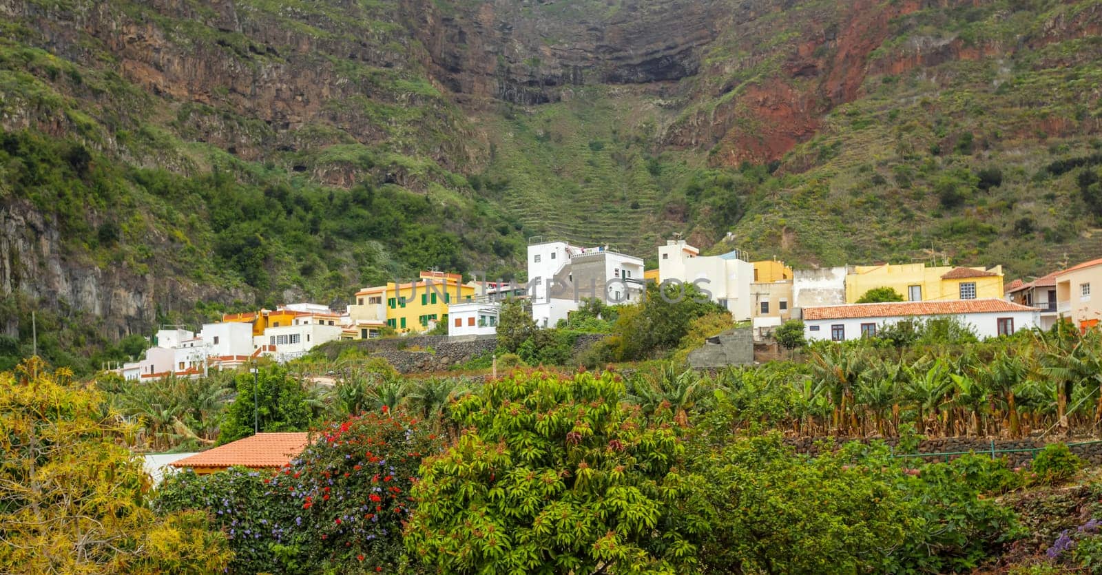 Hillside homes in Vallehermoso on the island of La Gomera, Canary Islands, Spain