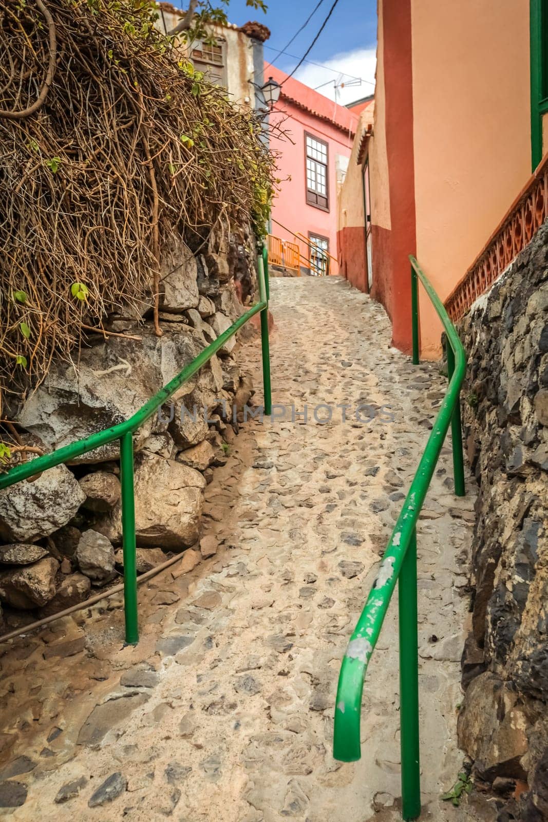 Narrow street of Vallehermoso, little town on La Gomera Island, Canaries, Spain
