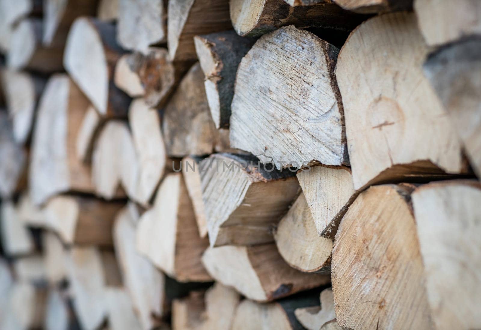 Firewood logs stacked in piles outside cottage