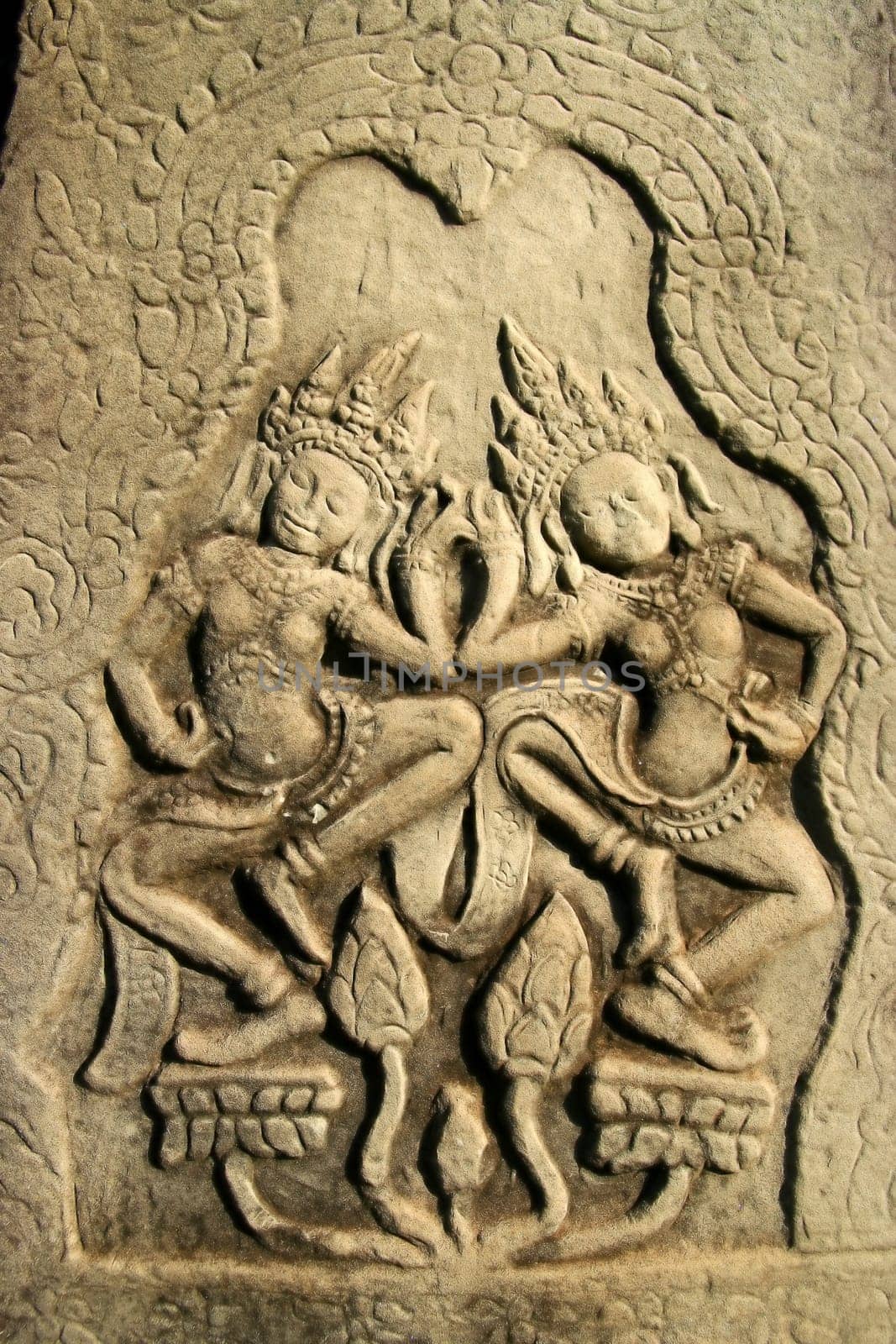 Detailed carving in one of the Angkor temples in Cambodia