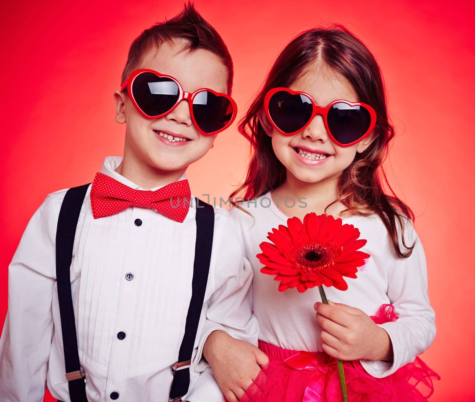 Portrait of a funny couple in heart-shaped sunglasses