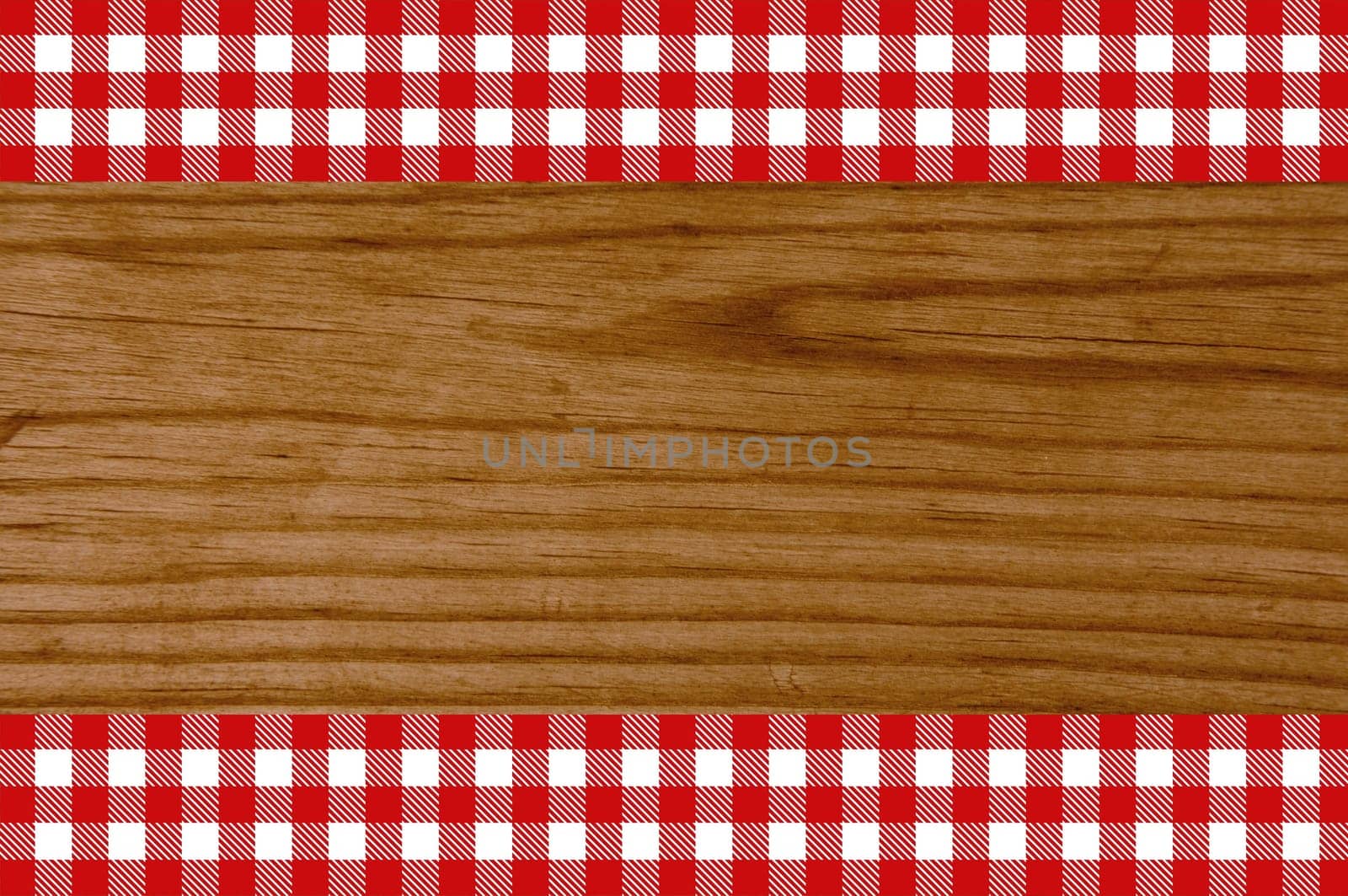 Wooden background with two tablecloth stripes red white