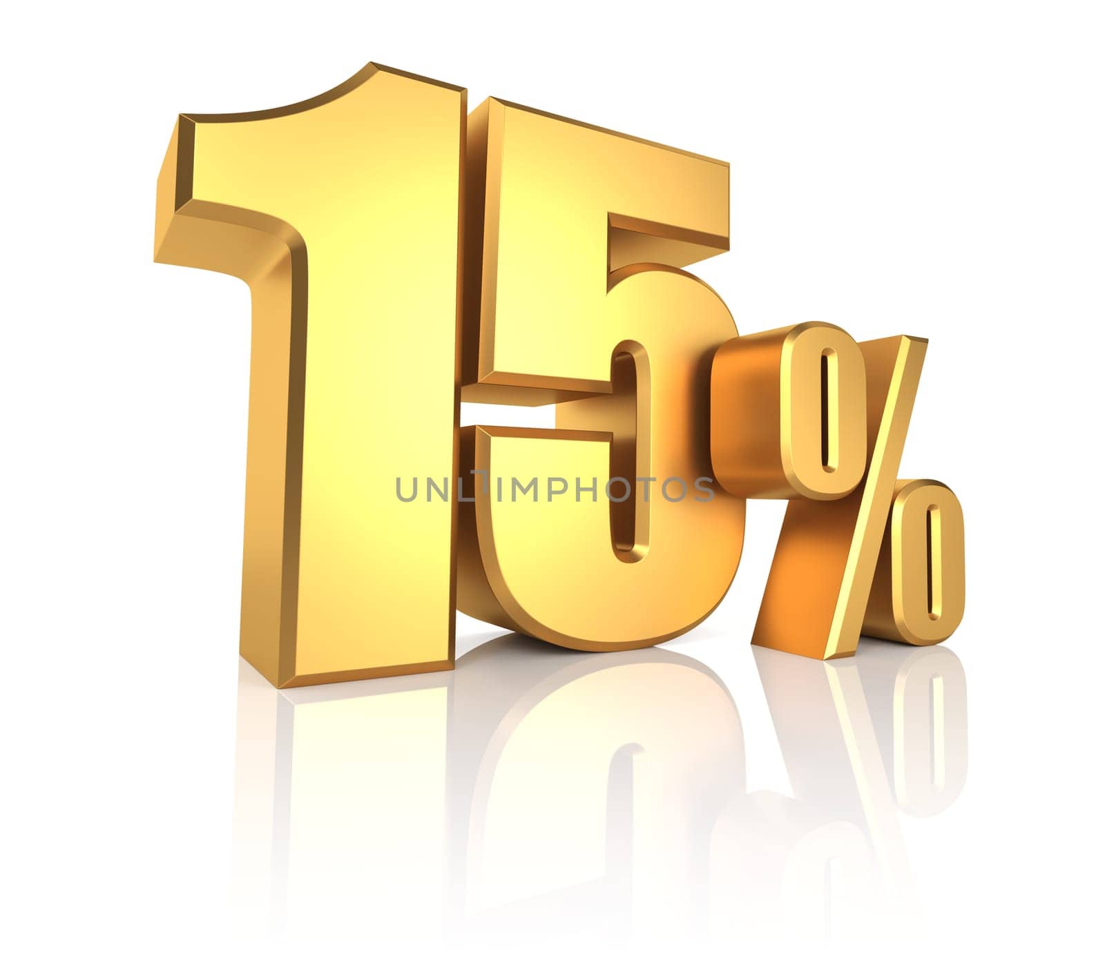 15 percent on white background. 3d rendering golden metal discount