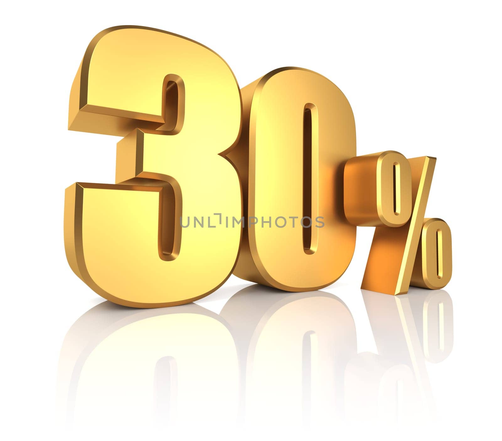 3d rendering of 30 percent in gold metal letters on white background with shadow