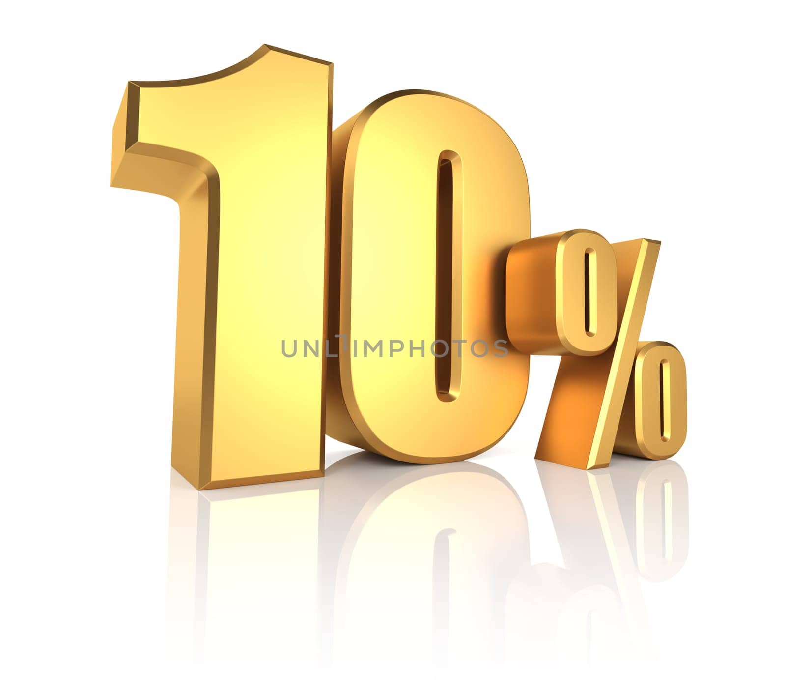 10 percent on white background. 3d rendering of a gold metal discount
