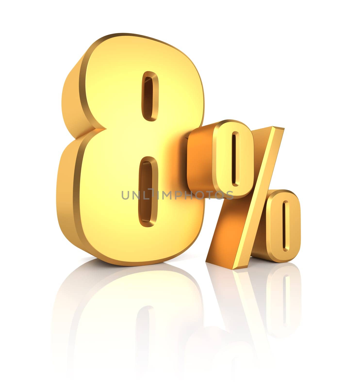 8 percent off. gold metal letters on reflective floor. white background. discount 3d render