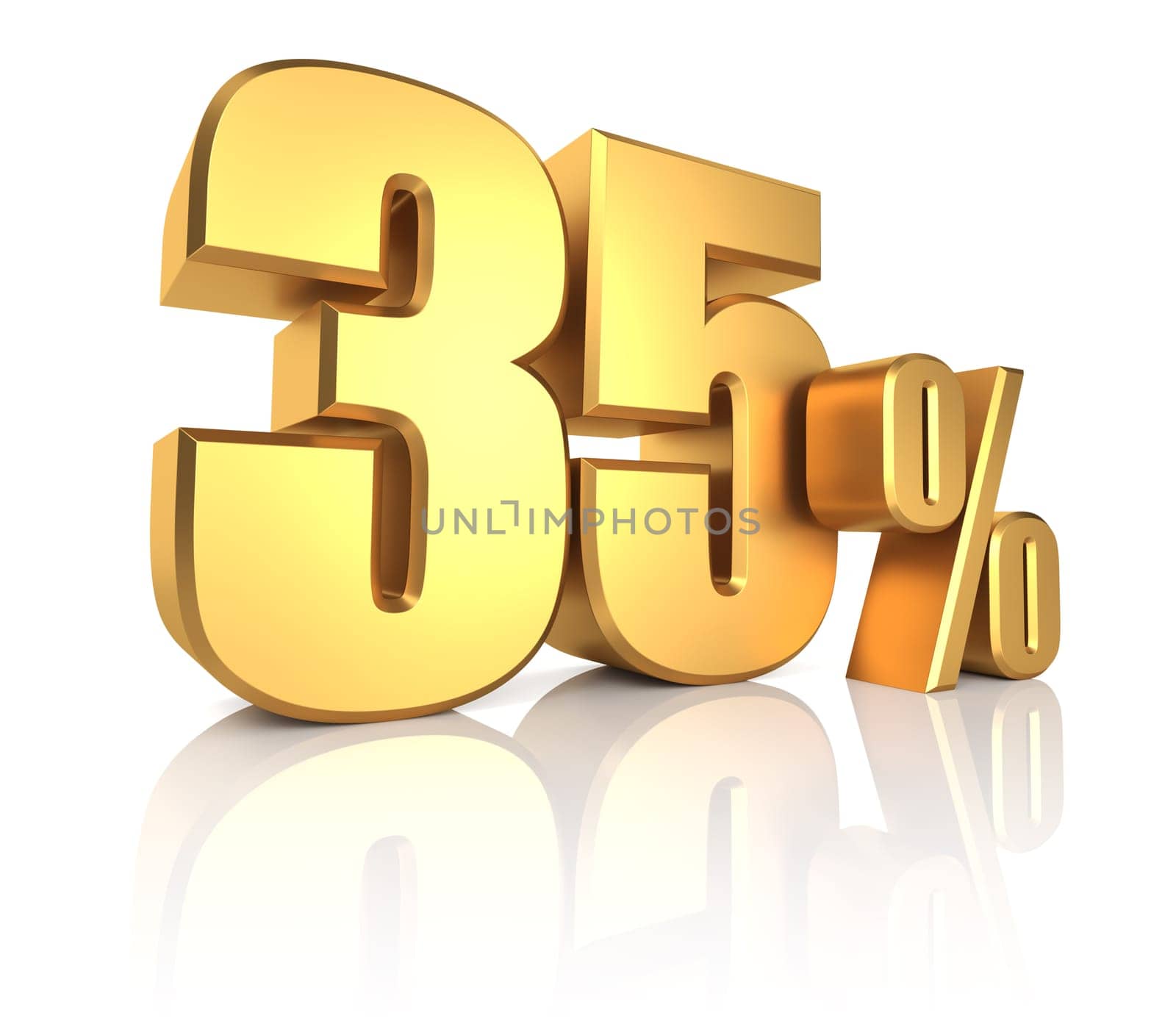 35 percent on white background with shadow. 3d rendering of gold metal discount