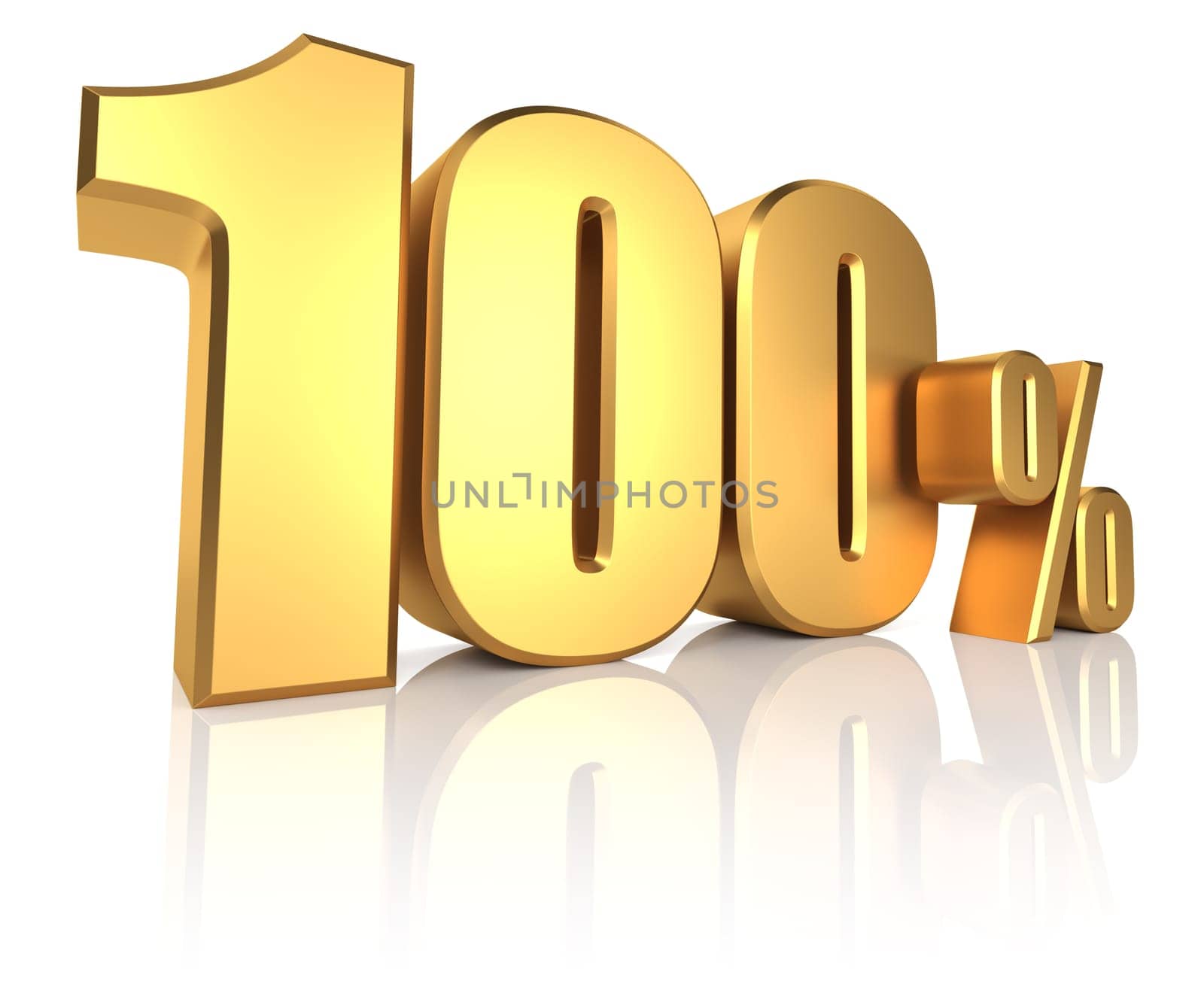 100 percent on white background. 3d render golden metal discount