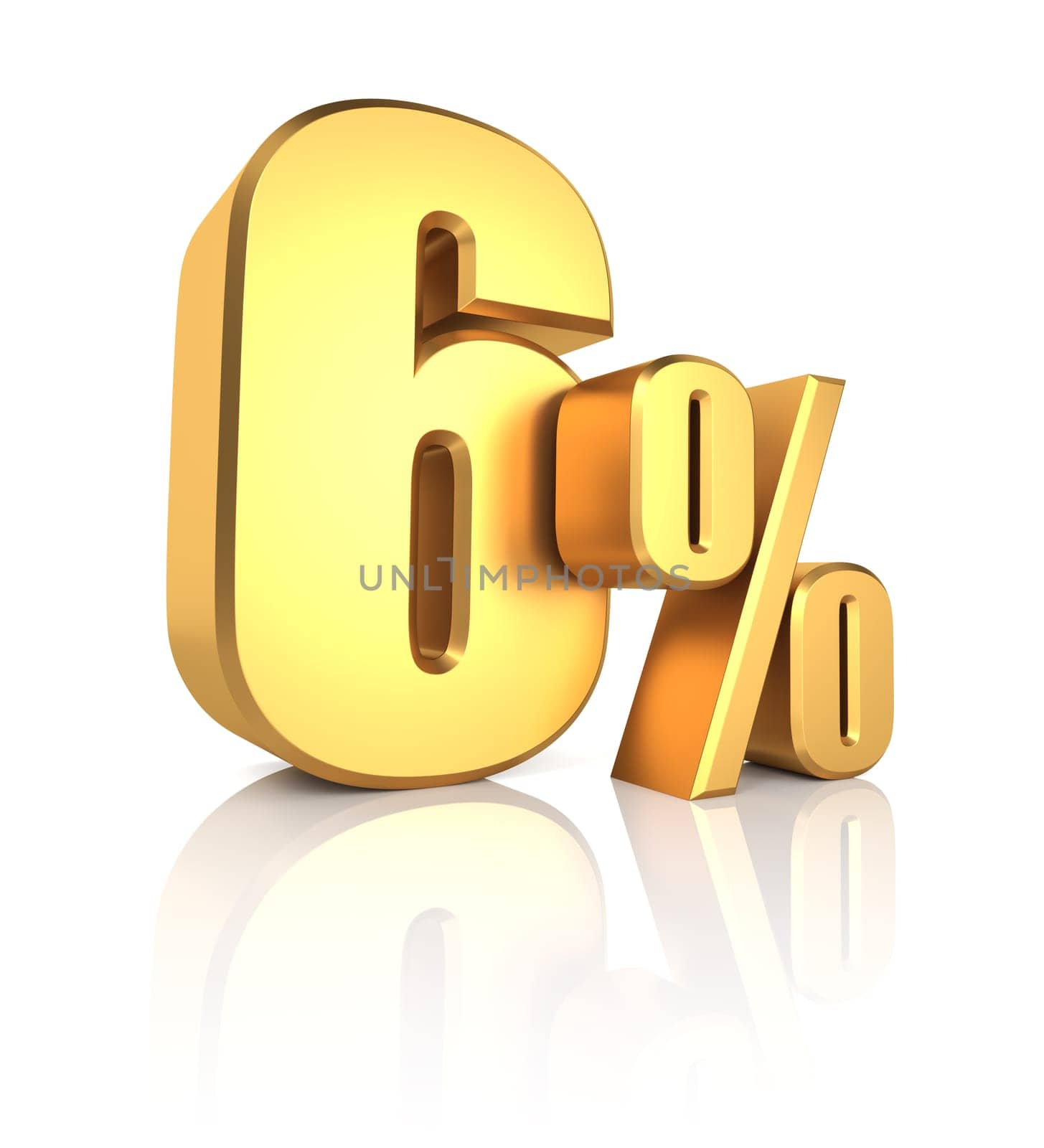 6 percent off. gold metal letters on reflective floor. white background. discount 3d render