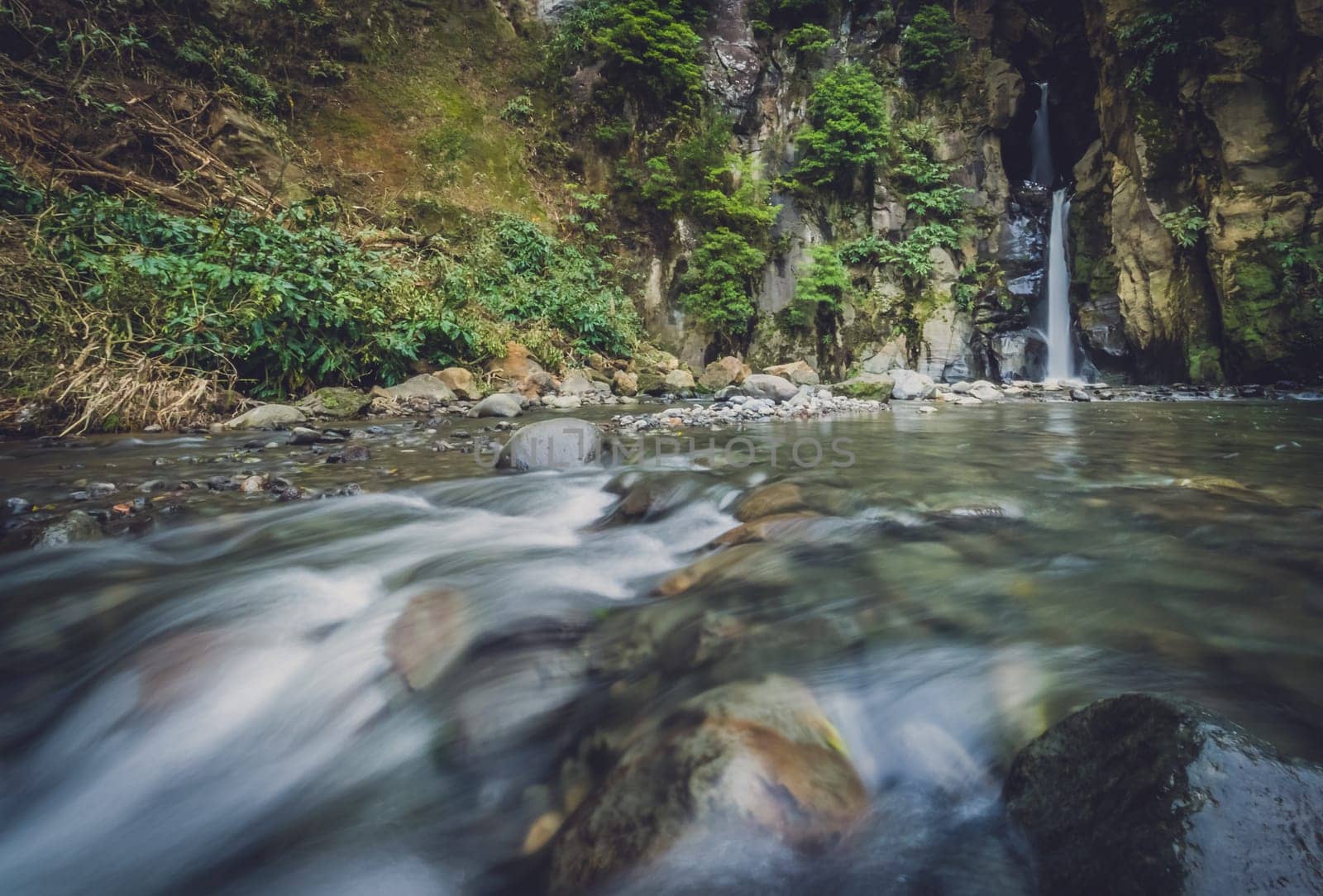 Two tier waterfall in a gorge,  Sao Miguel Island, Azores, Portugal