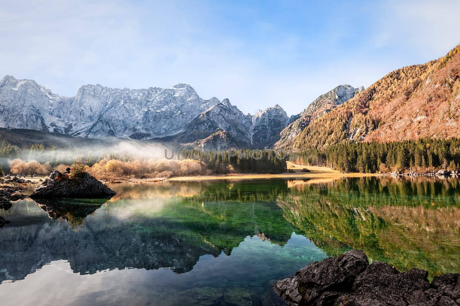 Mountains panorama.  Alpine landscape with lake. Lake of Fusine,Tarvisio,Italy.